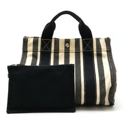 HERMES Cannes PM Tote Bag Handbag Canvas Stripe Black Beige