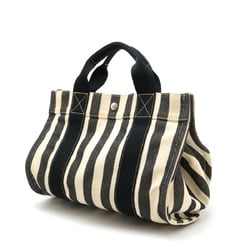 HERMES Cannes PM Tote Bag Handbag Canvas Stripe Black Beige