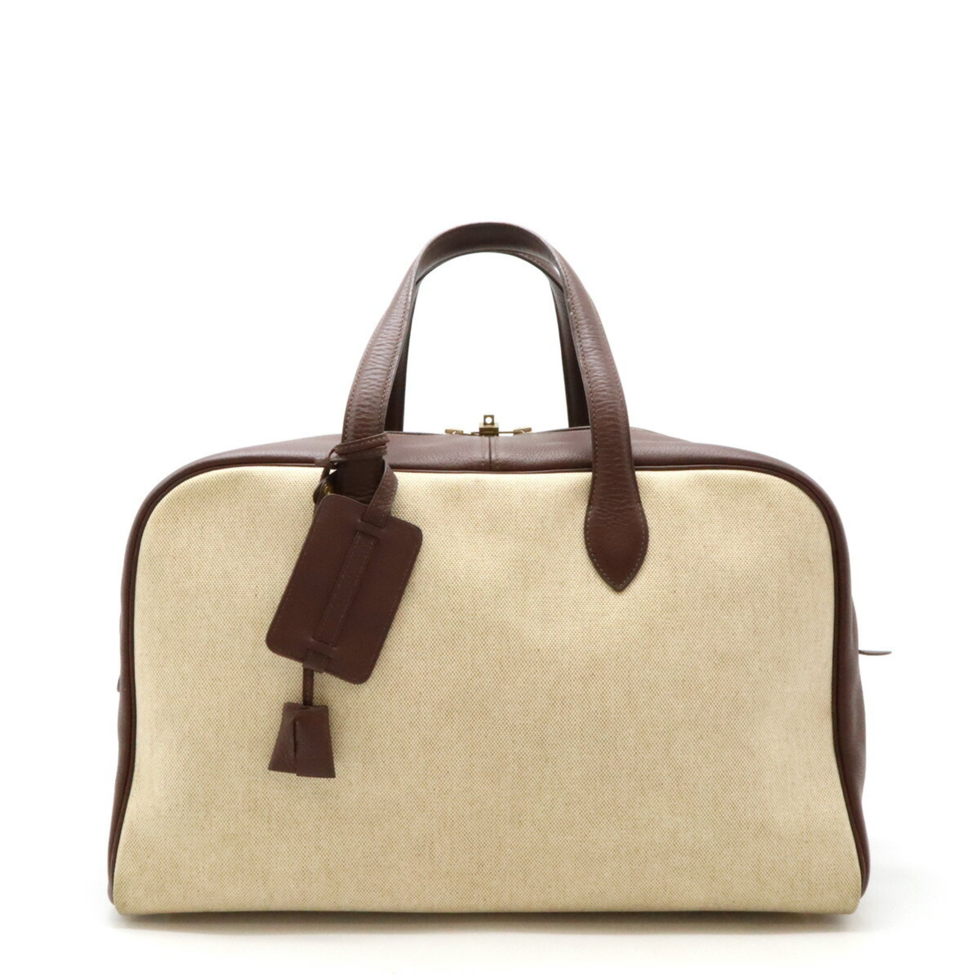 HERMES Victoria 43 Boston bag, travel Toile H, Taurillon Clemence, beige, tail, brown