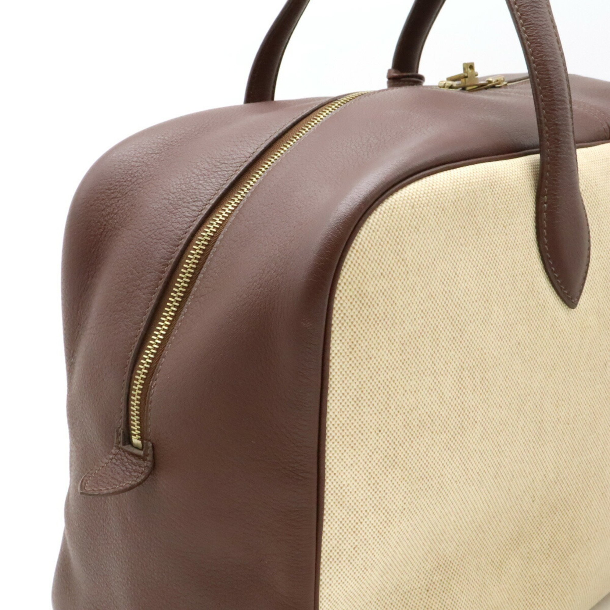 HERMES Victoria 43 Boston bag, travel Toile H, Taurillon Clemence, beige, tail, brown