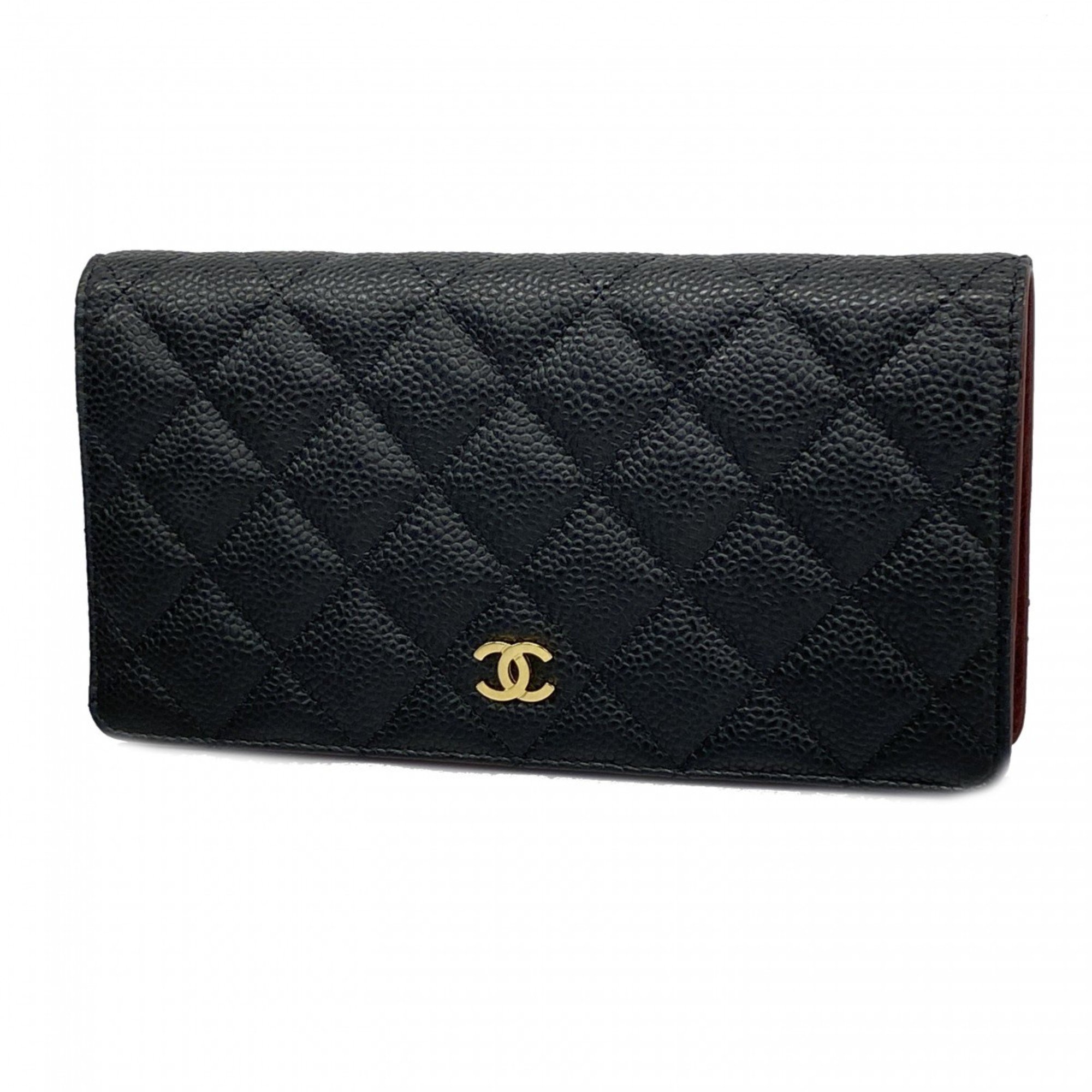 Chanel Long Wallet Matelasse Caviar Skin Black Women's