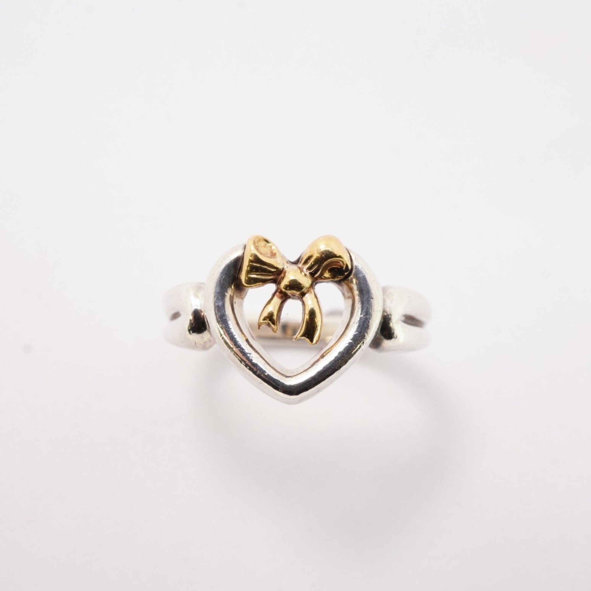 Tiffany Ring Ribbon Heart K18YG Yellow Gold Silver 925 Size 7.5 Ladies