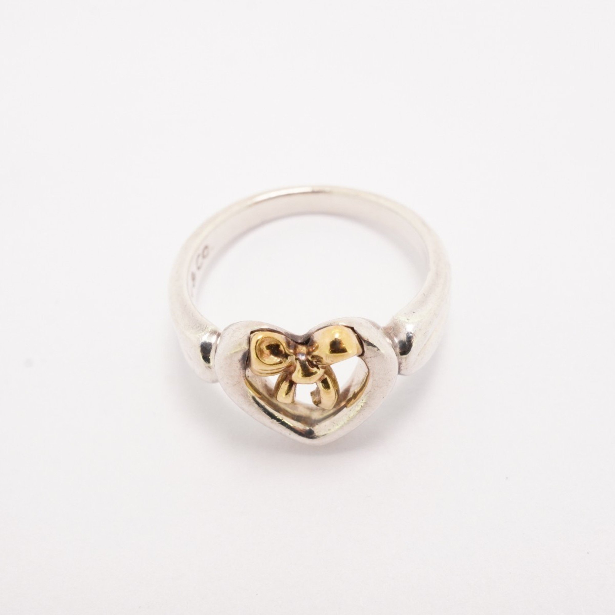 Tiffany Ring Ribbon Heart K18YG Yellow Gold Silver 925 Size 7.5 Ladies