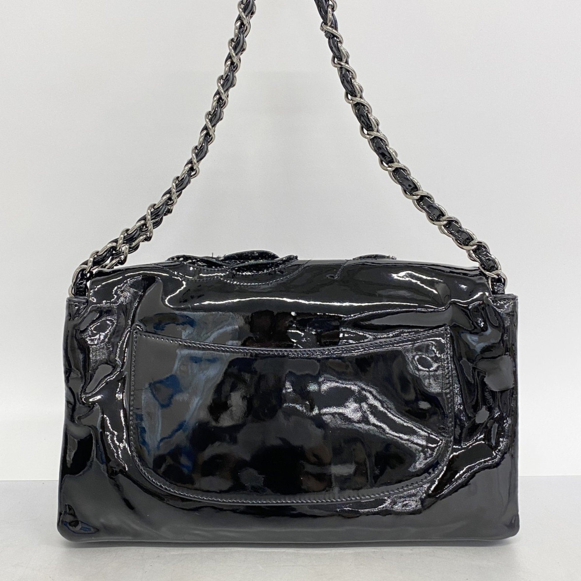 Chanel shoulder bag camellia patent leather black ladies