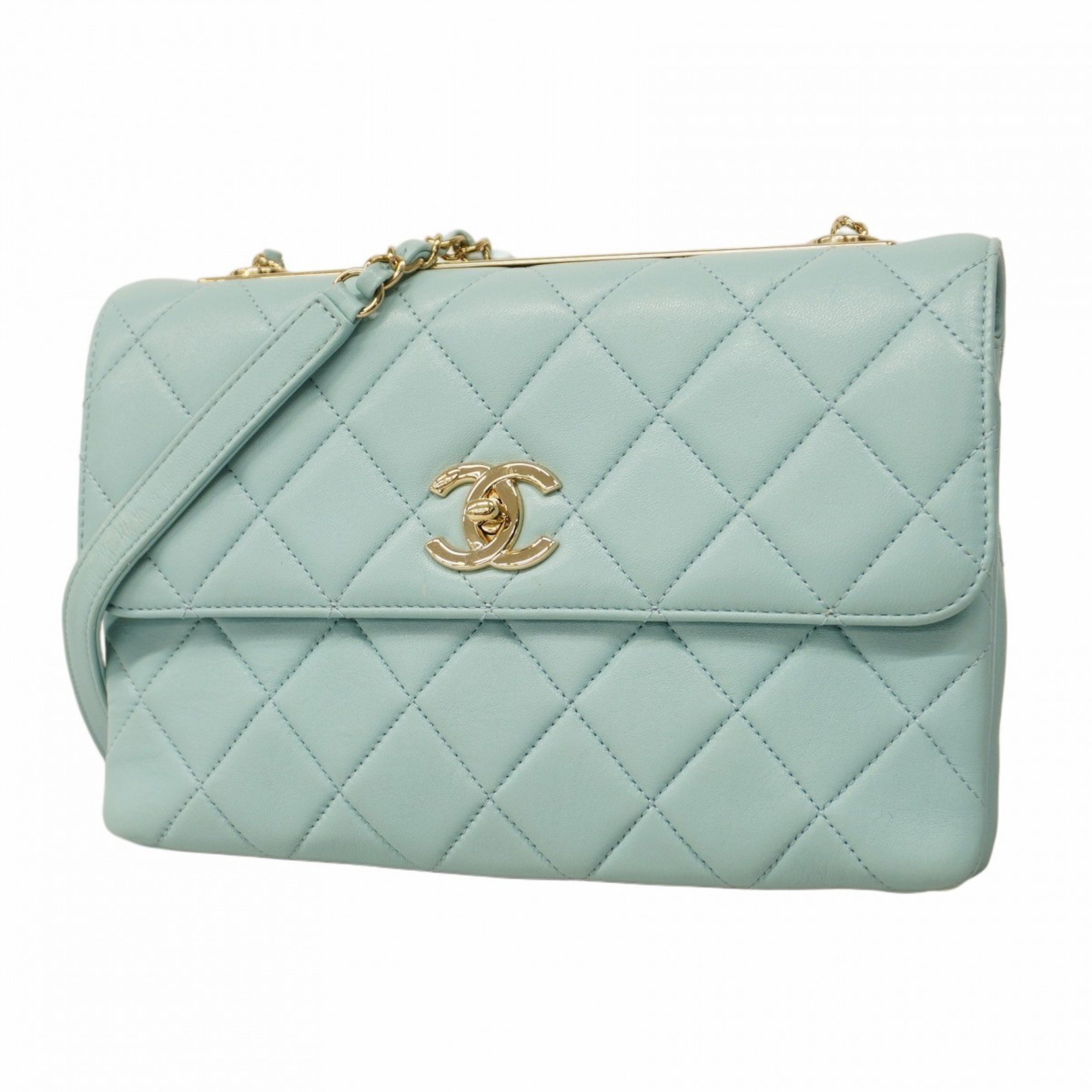 Chanel Shoulder Bag Matelasse Lambskin Light Blue Champagne Ladies