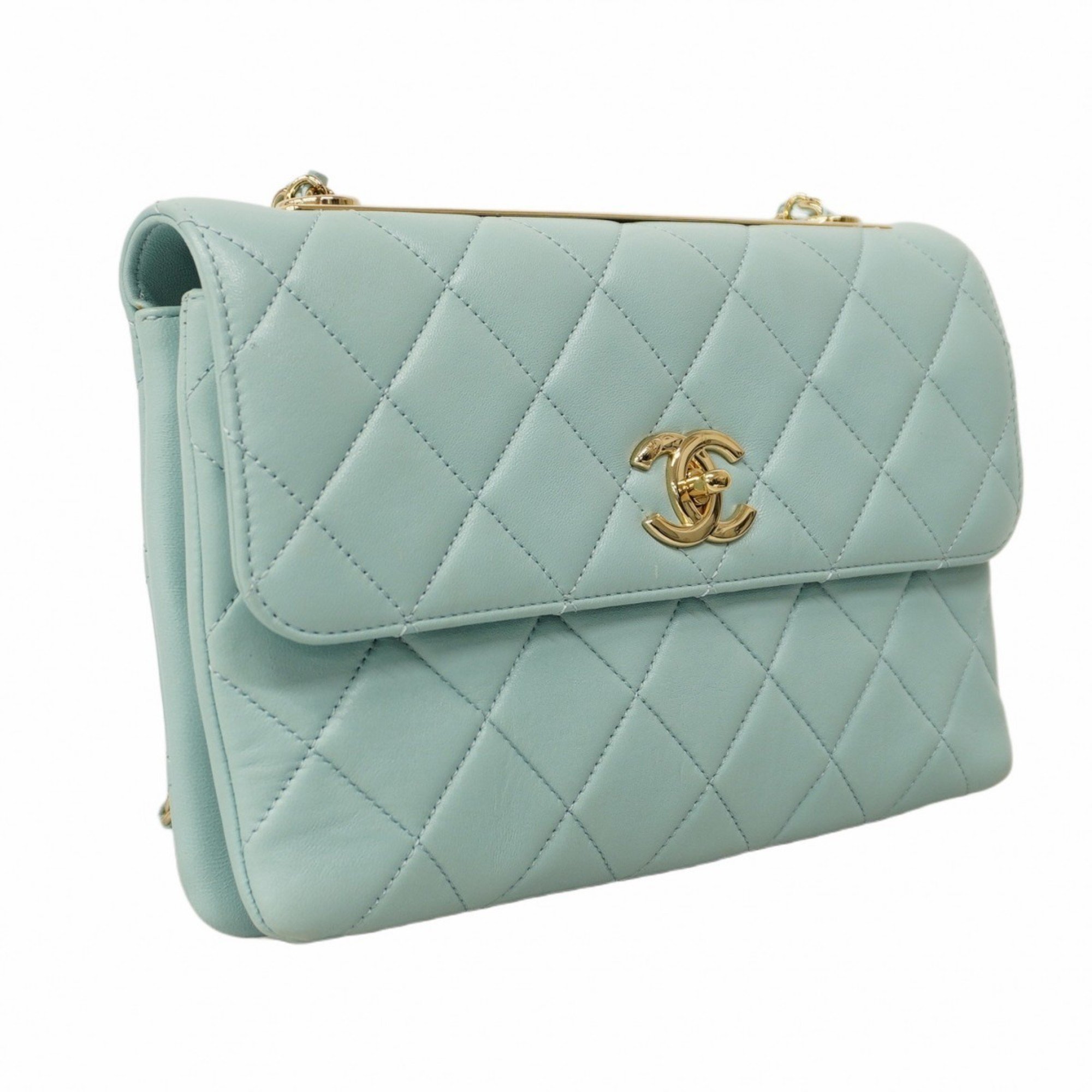 Chanel Shoulder Bag Matelasse Lambskin Light Blue Champagne Ladies