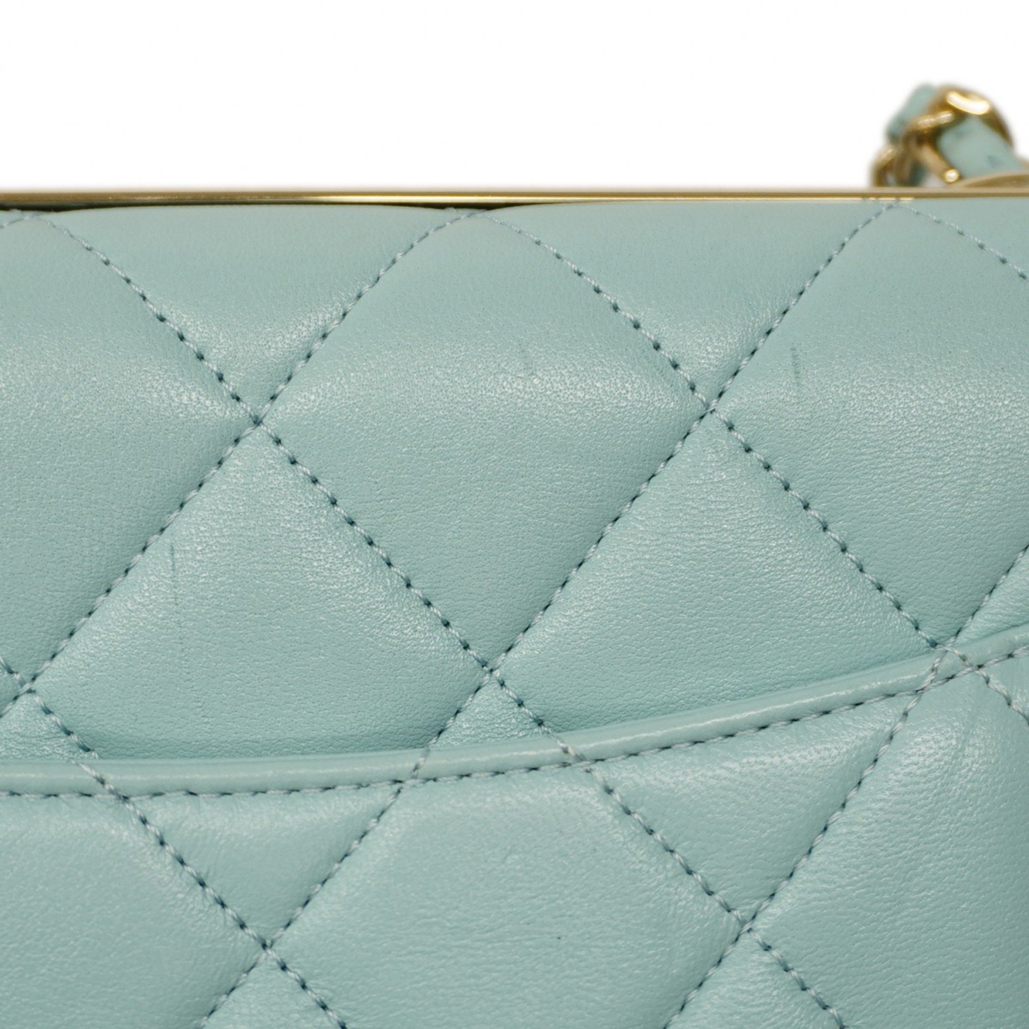 Chanel Shoulder Bag Matelasse Lambskin Light Blue Champagne Ladies