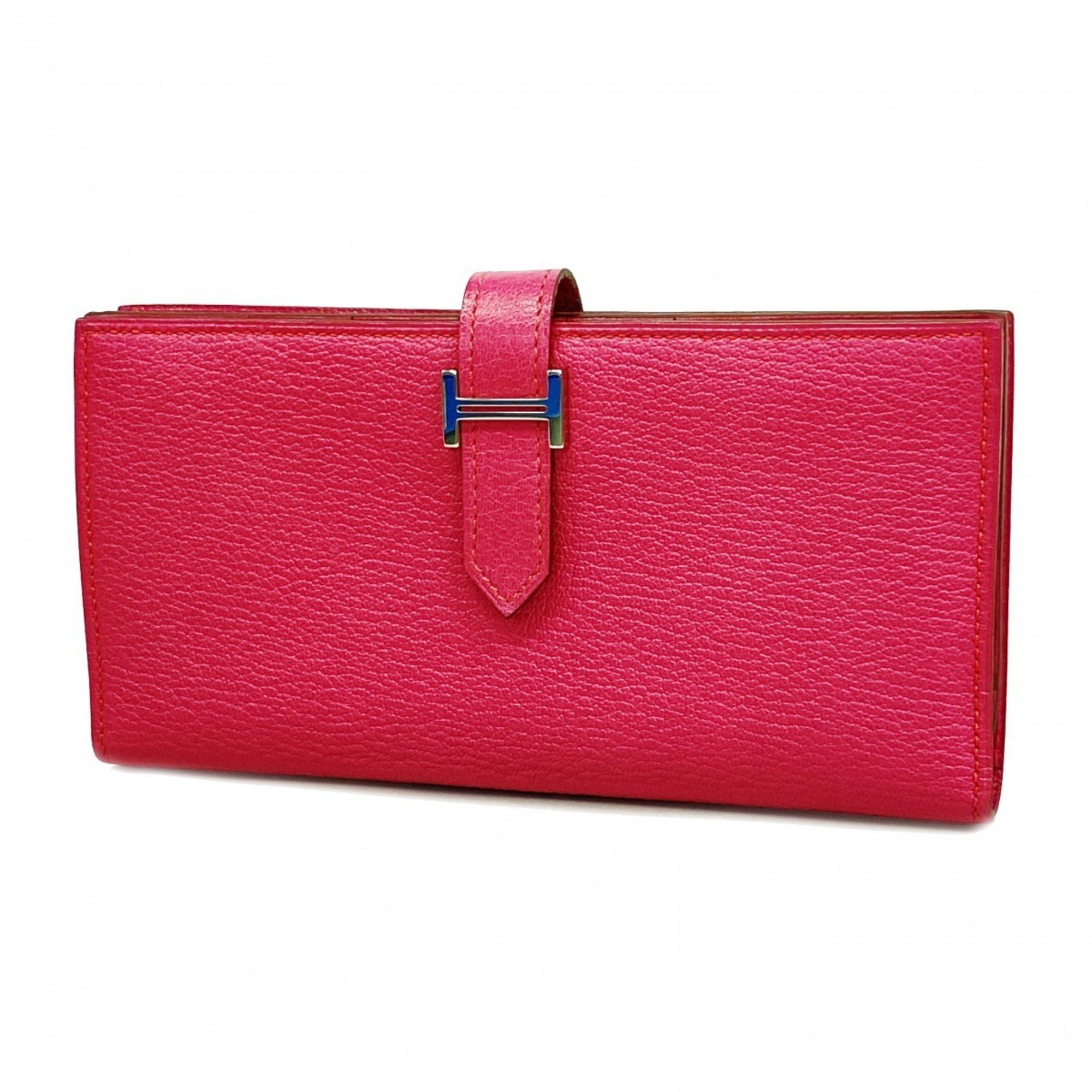 Hermes Long Wallet Bearn Soufflet Chevre Rose Shocking □M Engraved Ladies