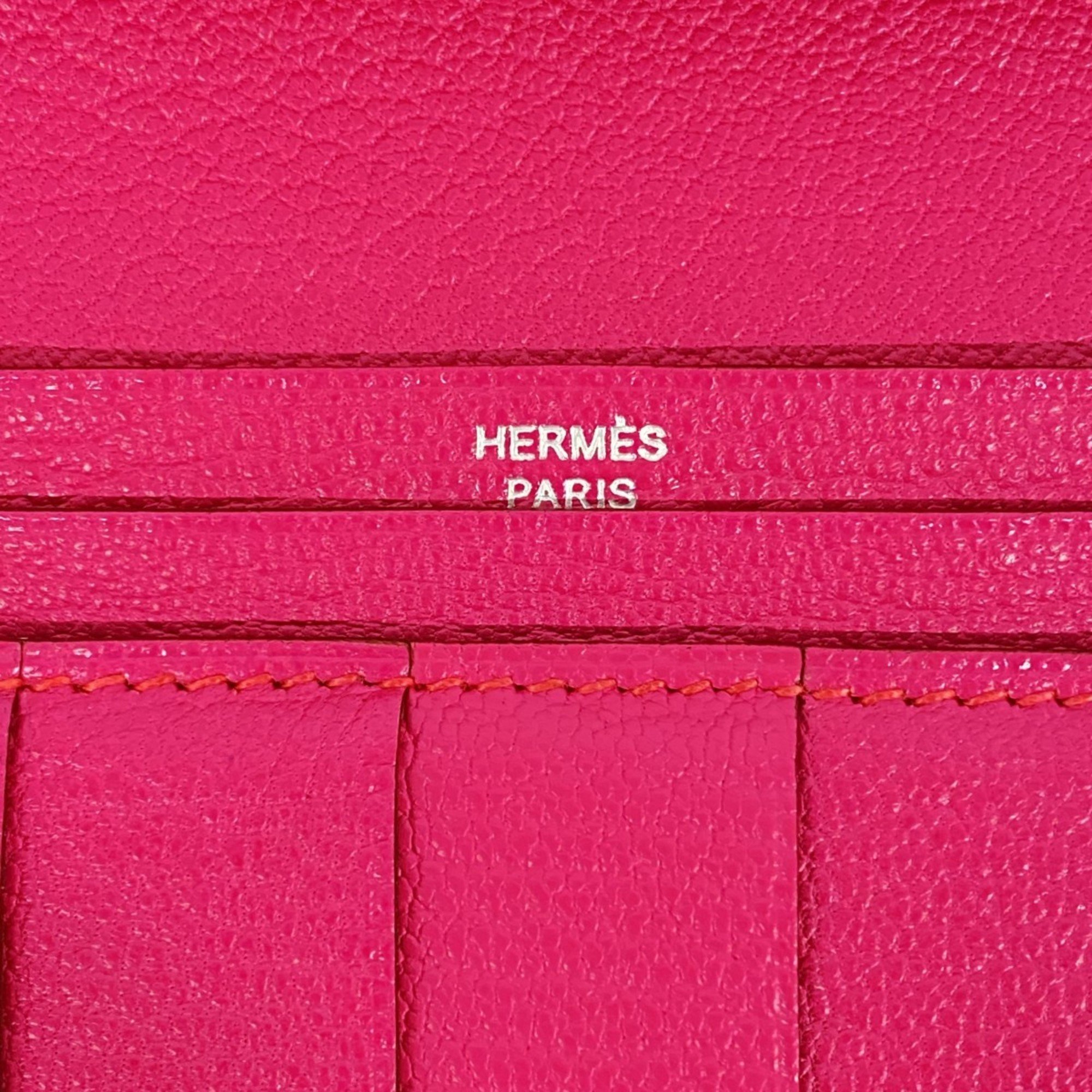 Hermes Long Wallet Bearn Soufflet Chevre Rose Shocking □M Engraved Ladies