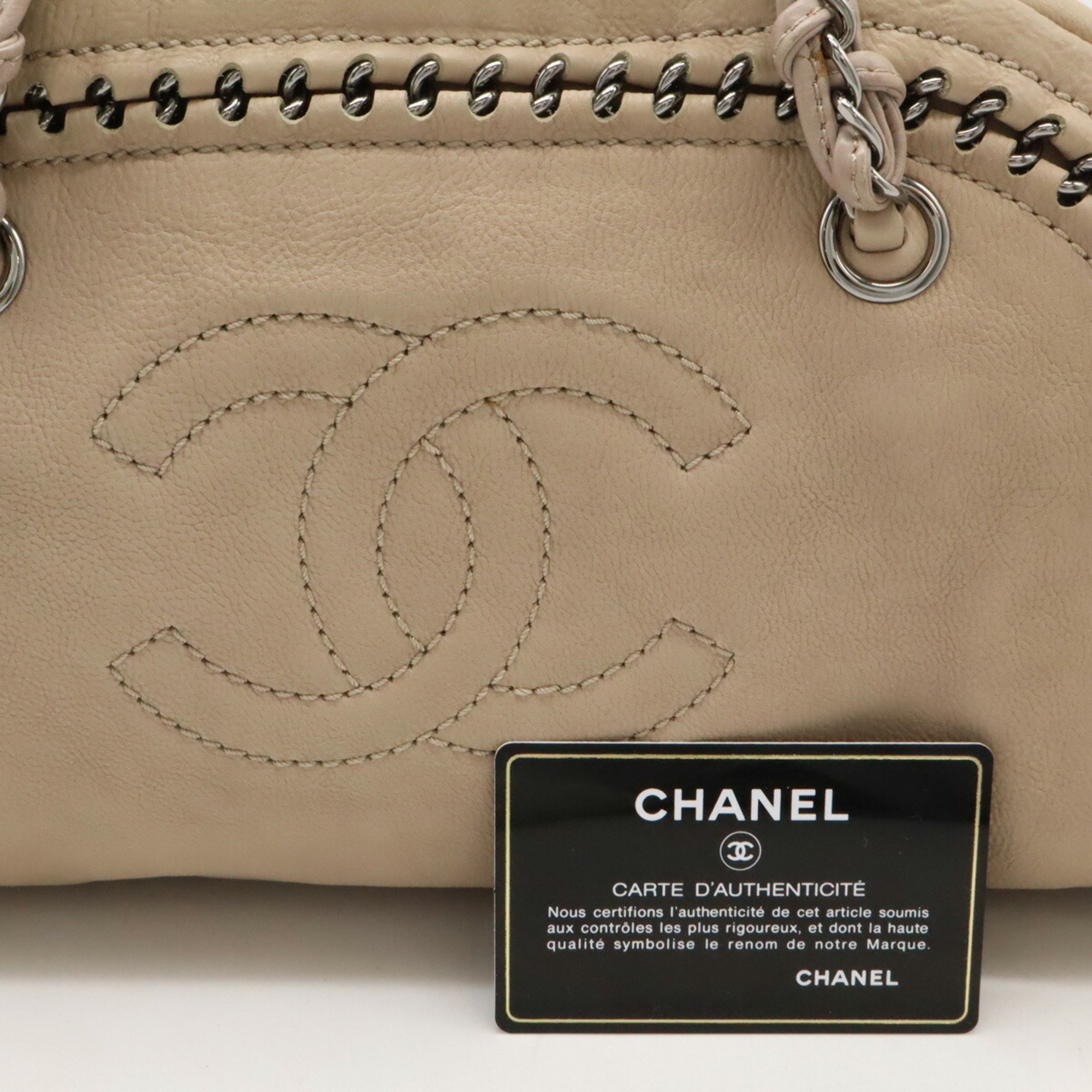 CHANEL Luxury Line Coco Mark Matelasse Bowling Bag Handbag Leather Beige A31575