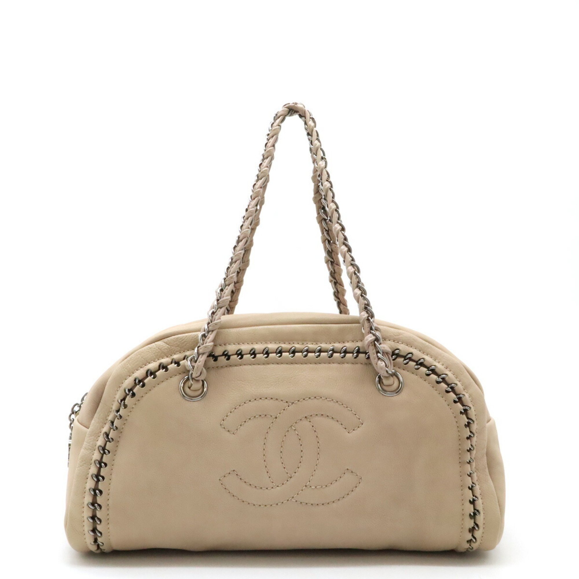 CHANEL Luxury Line Coco Mark Matelasse Bowling Bag Handbag Leather Beige A31575