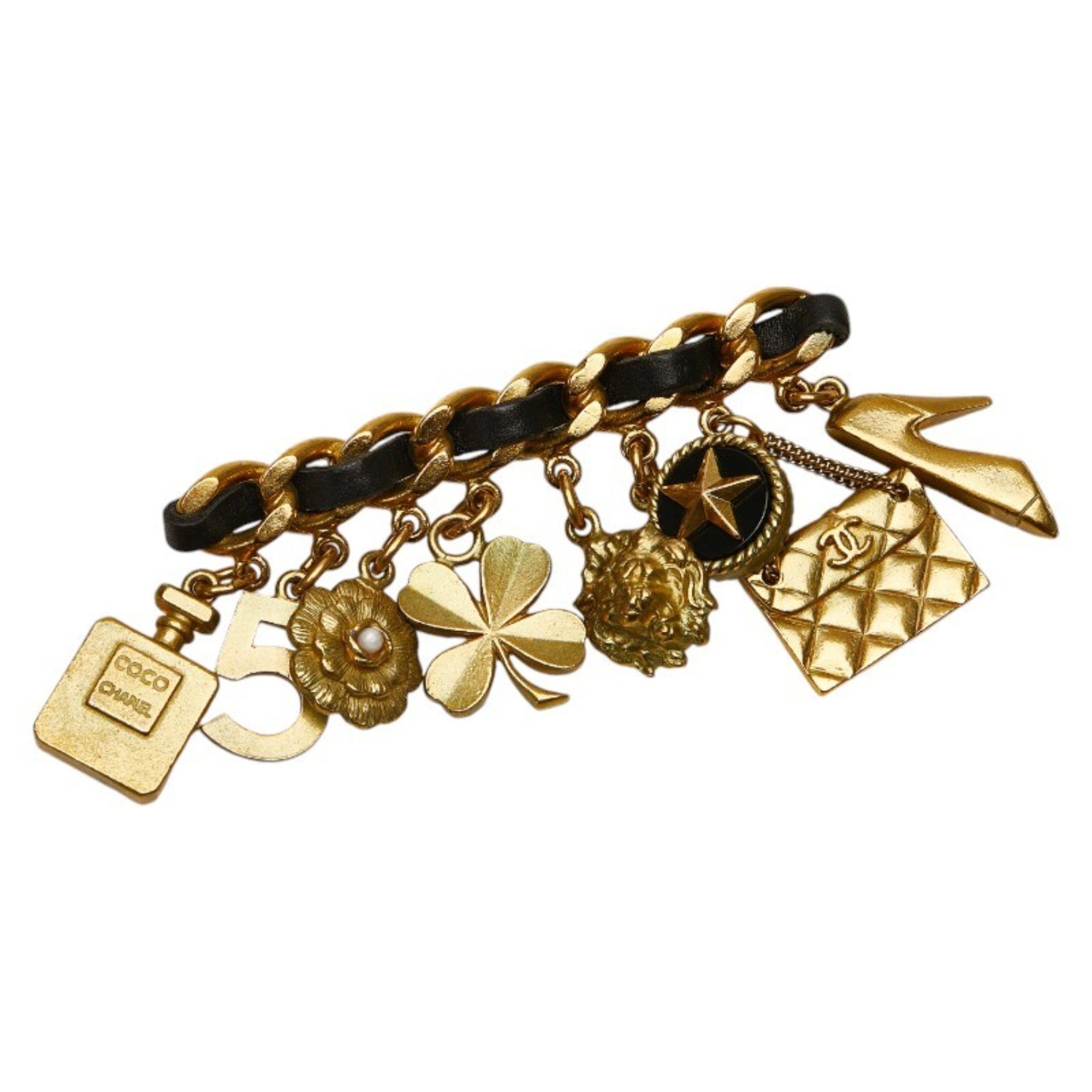 Chanel Matelasse Coco Mark 8-strand charm chain brooch gold black plated leather ladies CHANEL