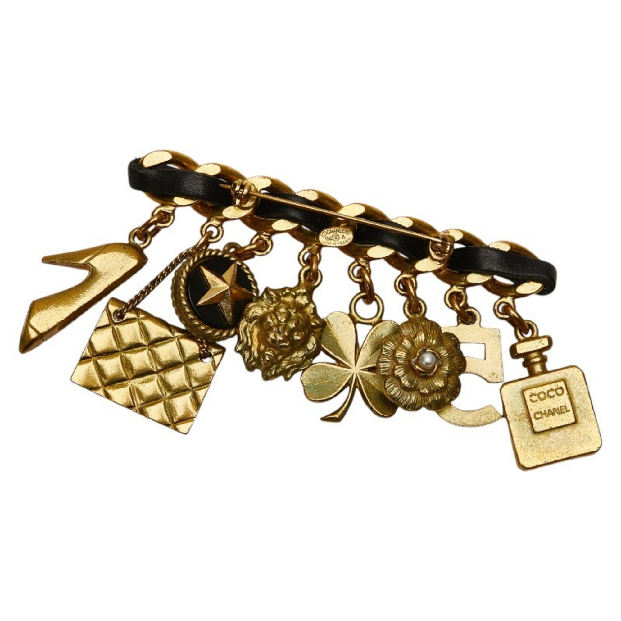 Chanel Matelasse Coco Mark 8-strand charm chain brooch gold black plated leather ladies CHANEL