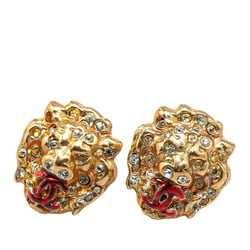 Chanel Coco Mark Rhinestone Lion Motif Earrings Gold Plated Women's CHANEL