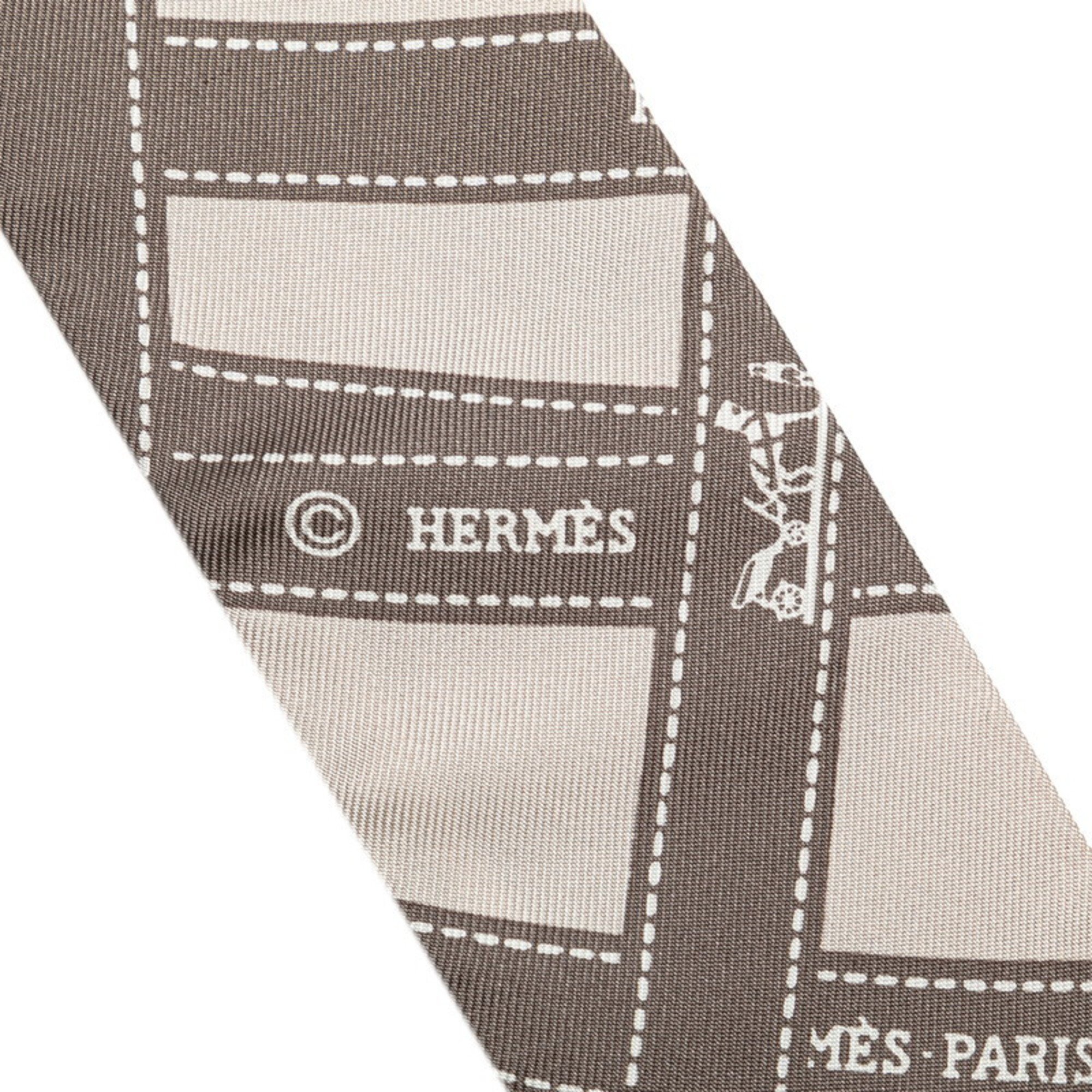 Hermes Twilly Bordeaux Ribbon Scarf Muffler Grey White Silk Women's HERMES