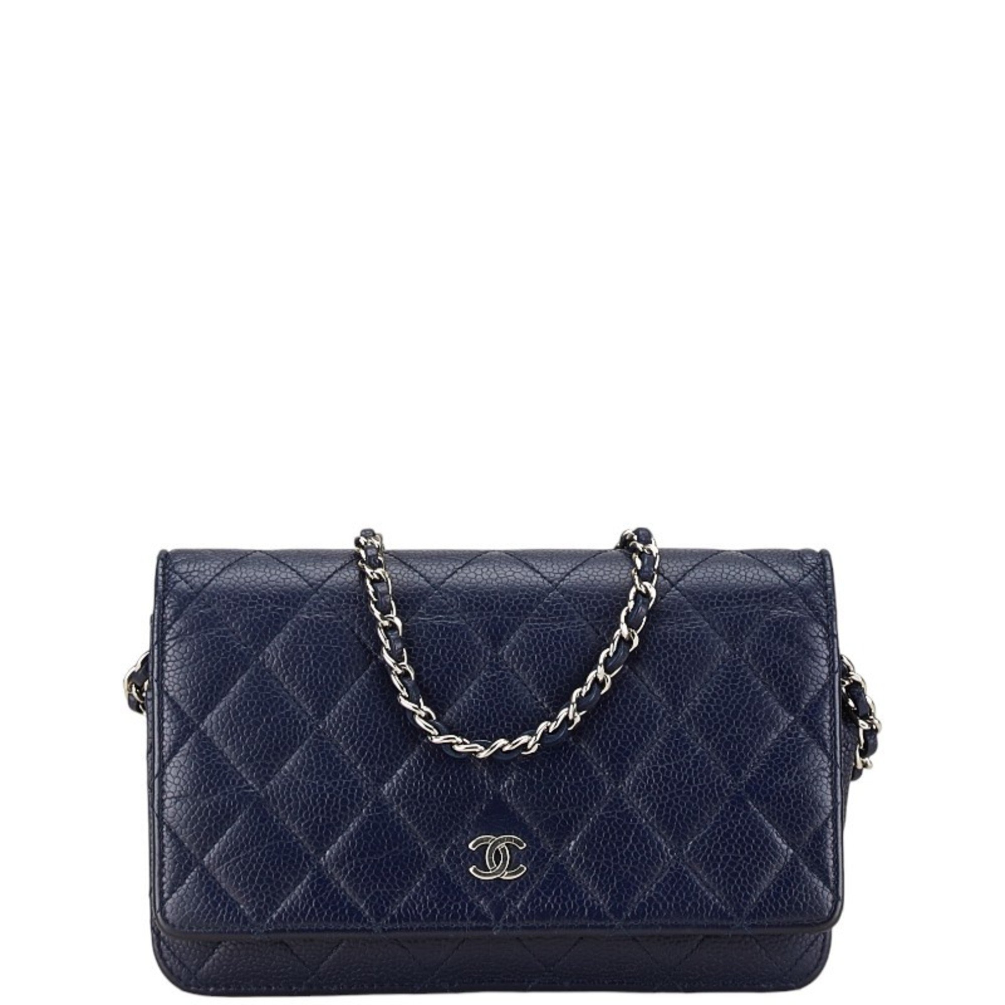 Chanel Coco Mark Matelasse Long Wallet Chain Bag Navy Caviar Skin Women's CHANEL