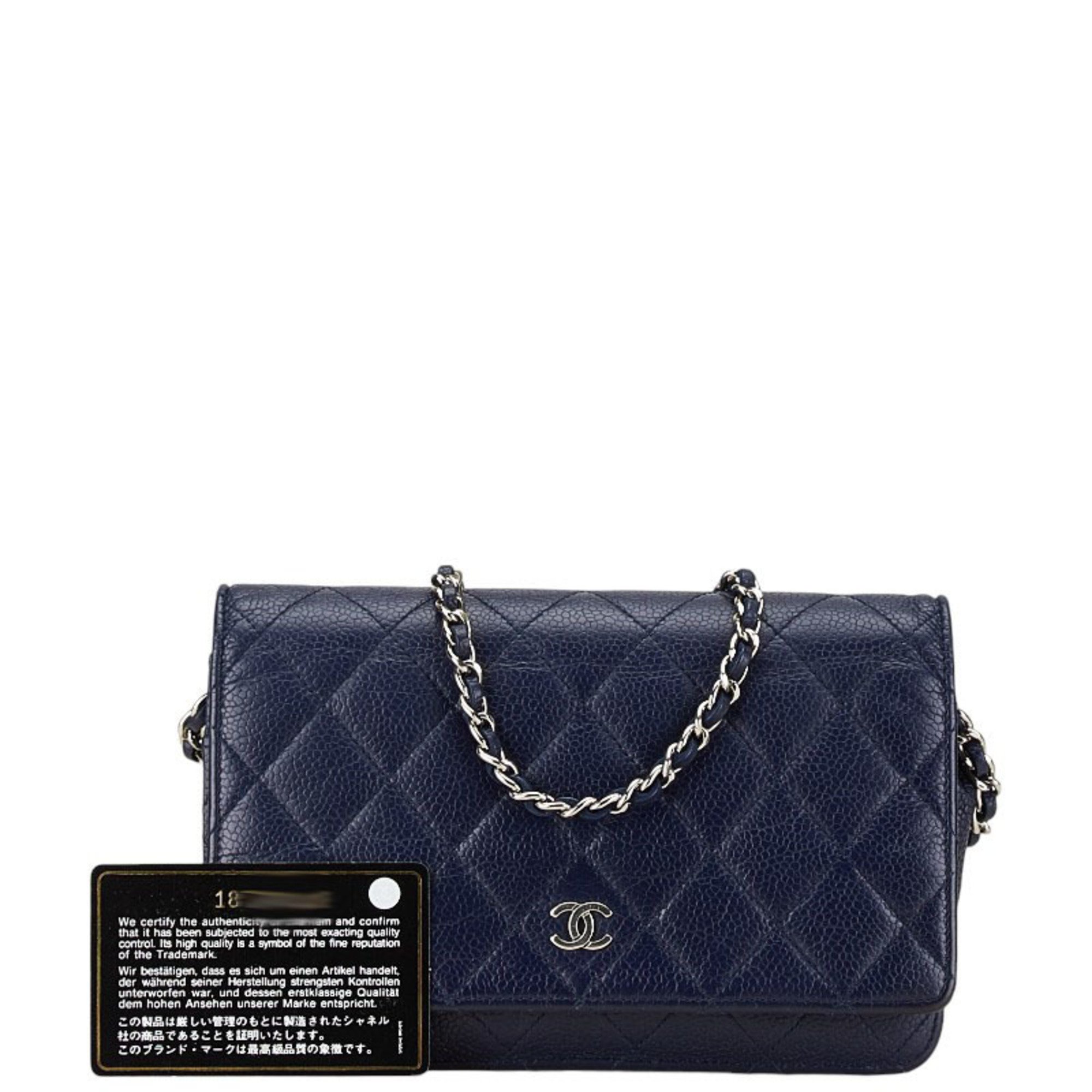 Chanel Coco Mark Matelasse Long Wallet Chain Bag Navy Caviar Skin Women's CHANEL