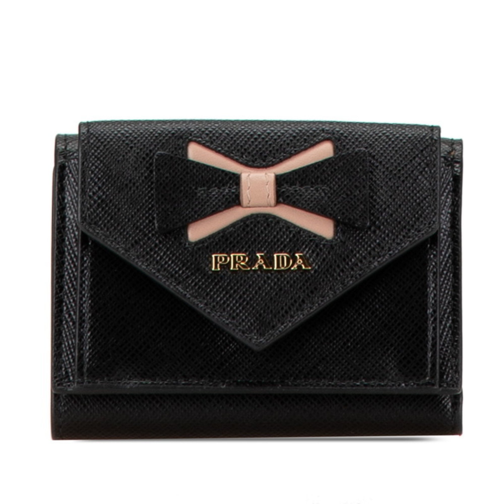 Prada Ribbon Compact Wallet Tri-fold 1MH021 Black Saffiano Women's PRADA