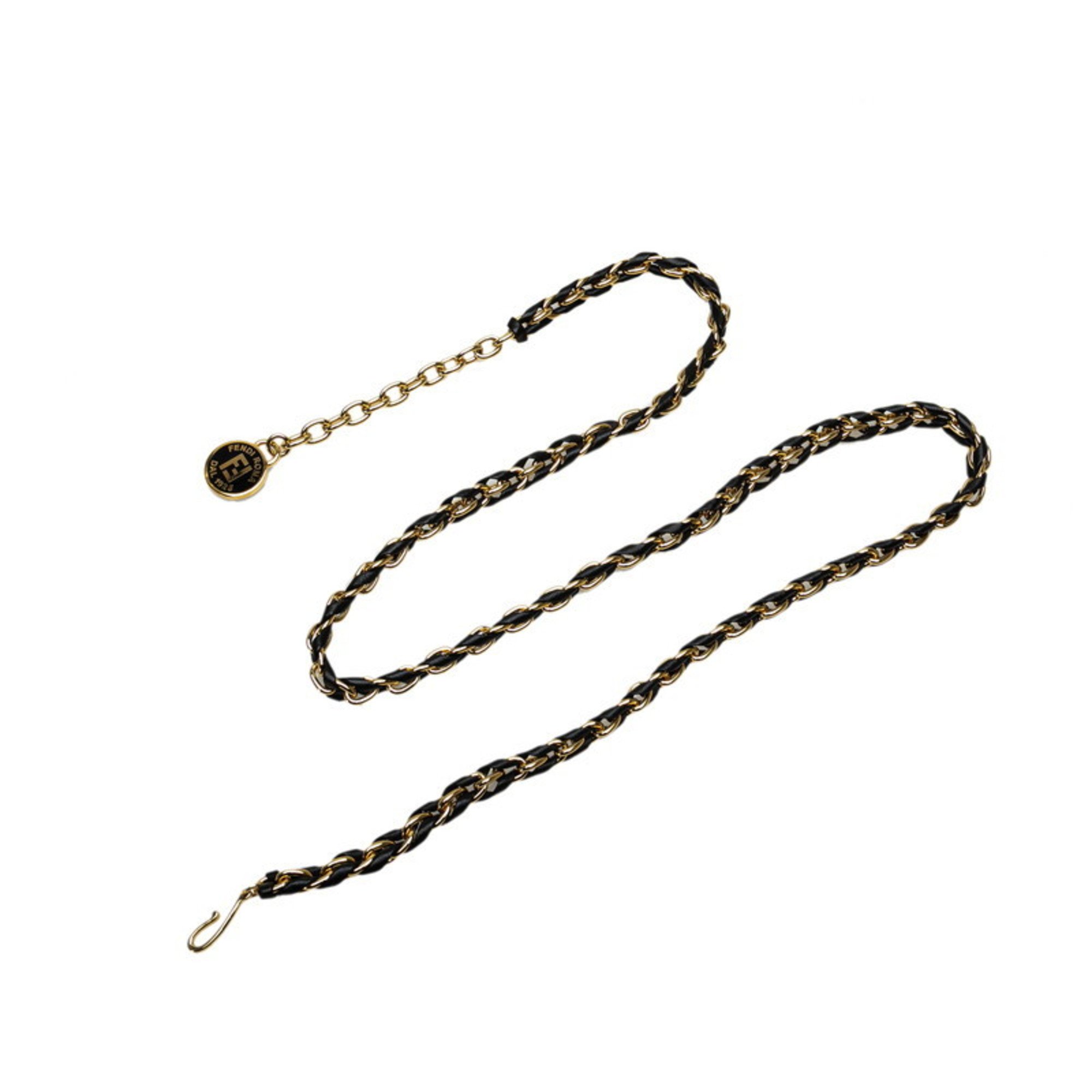 FENDI Chain Belt Gold Black Plated Leather Women's