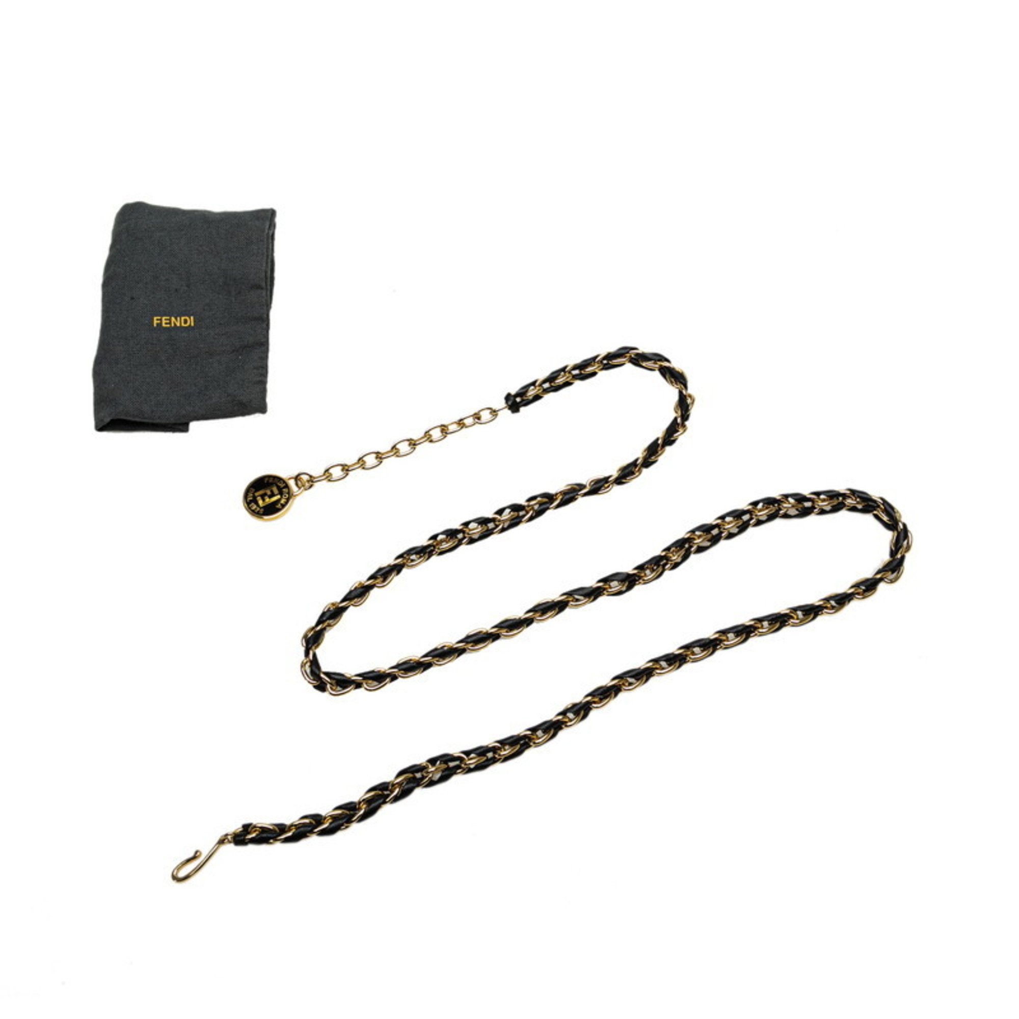 FENDI Chain Belt Gold Black Plated Leather Women's