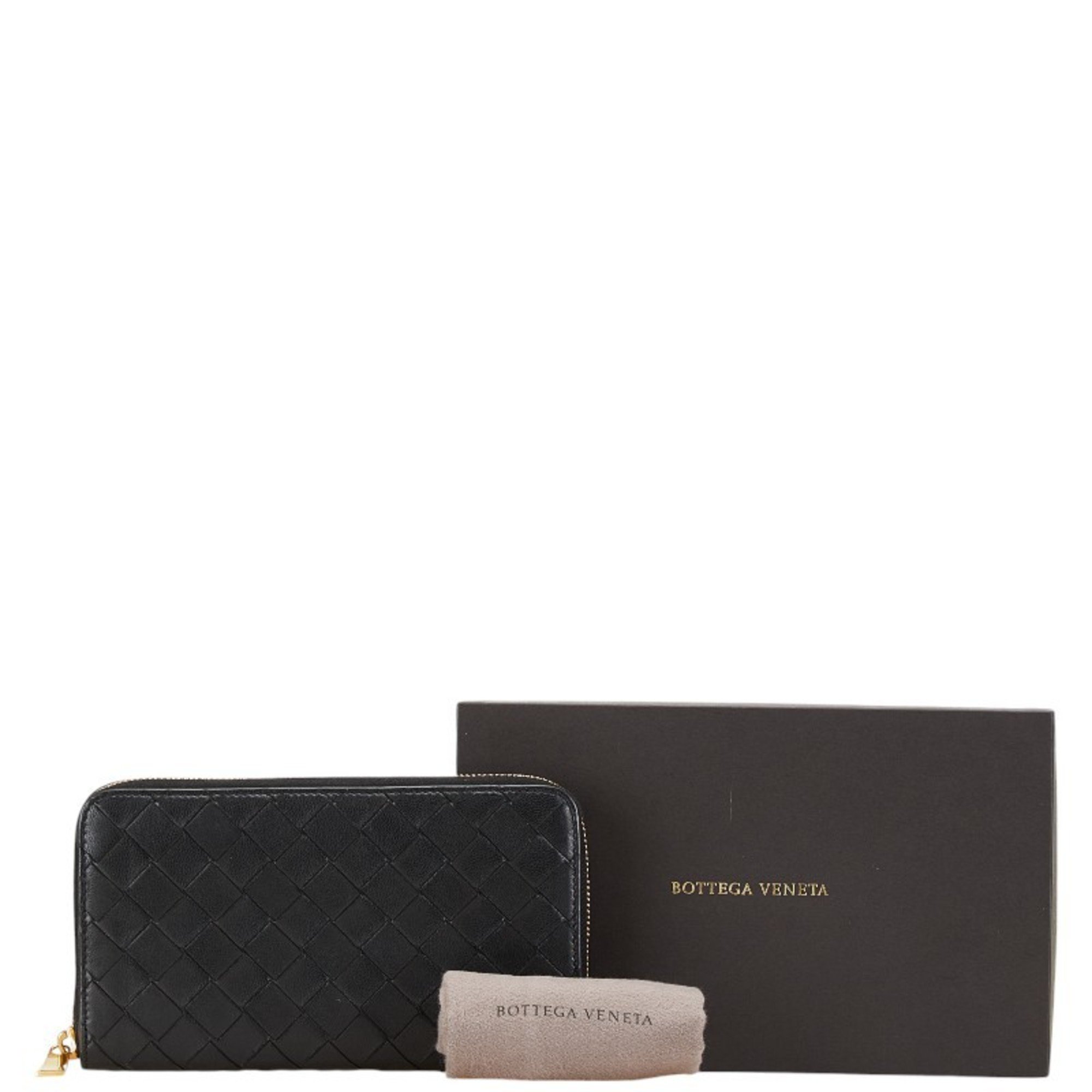 Bottega Veneta Intrecciato Round Long Wallet Black Leather Women's BOTTEGAVENETA