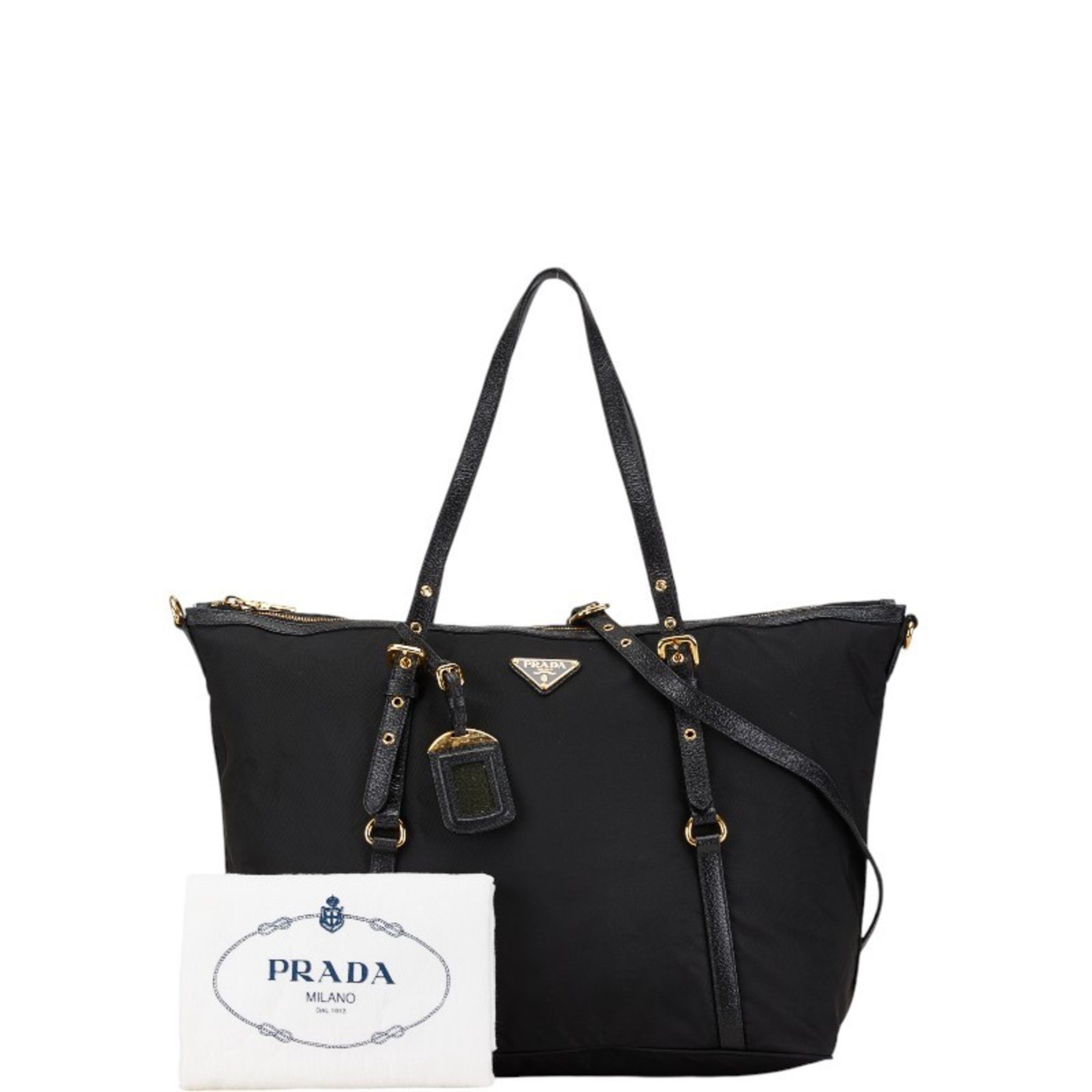 Prada Triangle Plate Tote Bag Shoulder Black Nylon Leather Women's PRADA