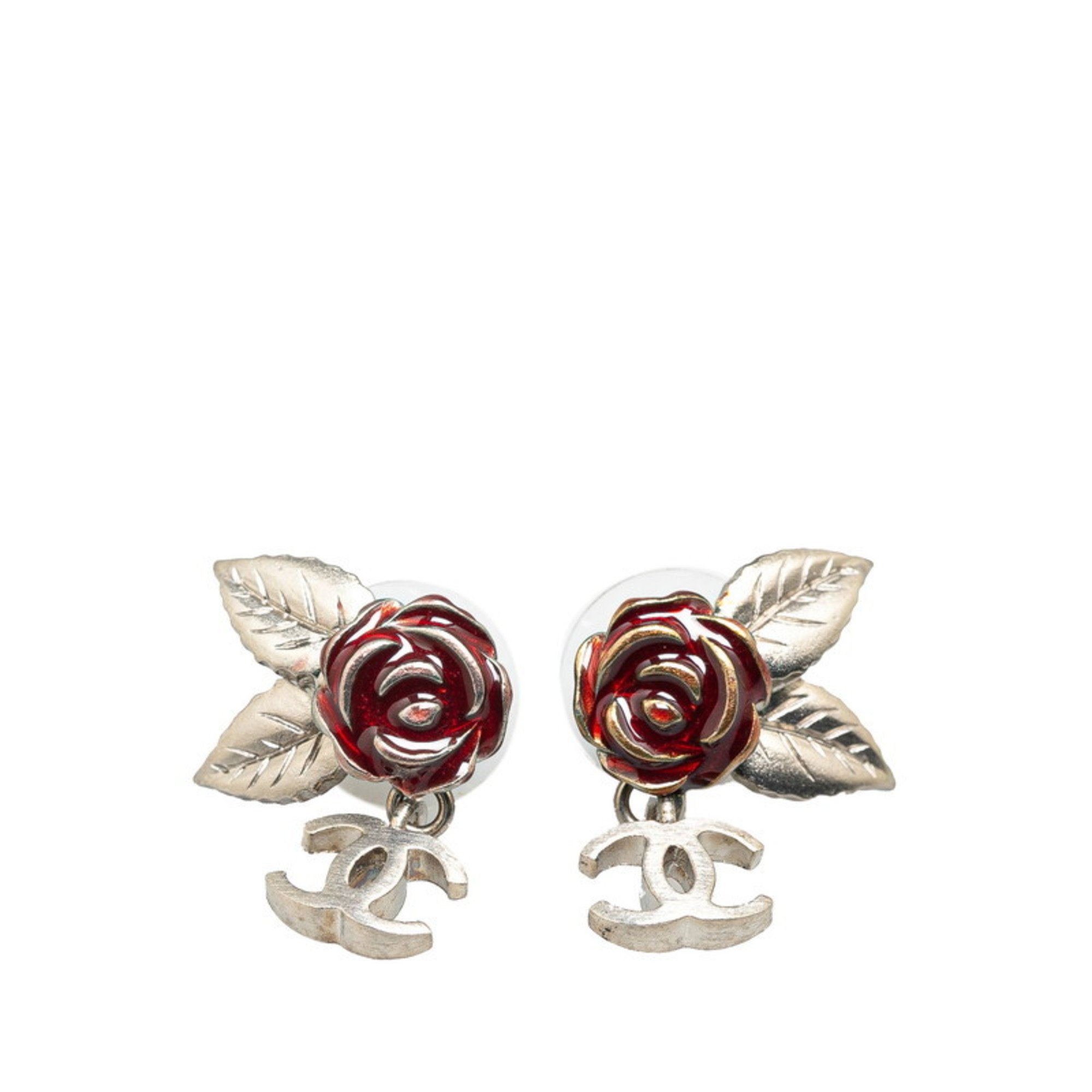 CHANEL Coco Mark Camellia Rose Earrings Silver Metal Women's