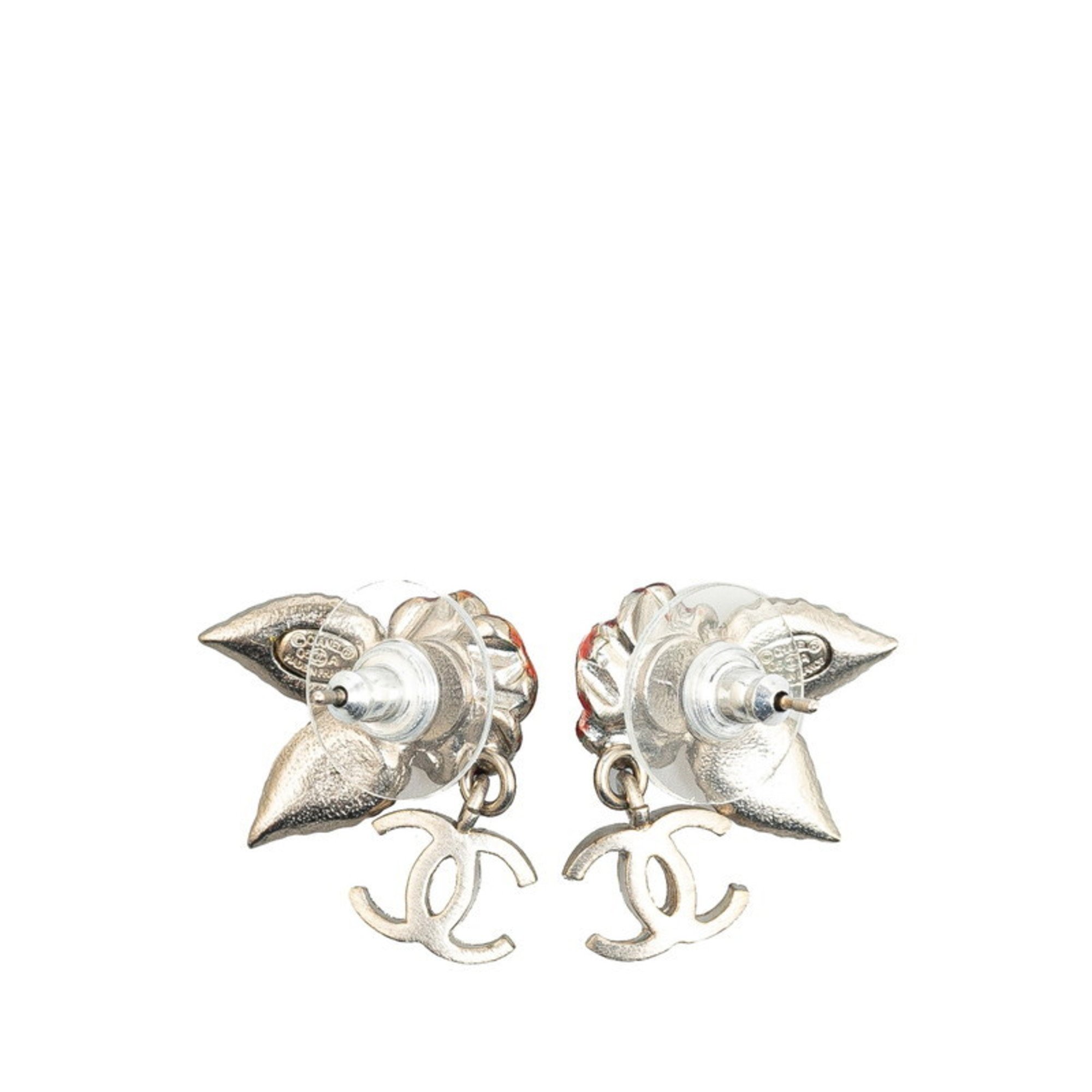 CHANEL Coco Mark Camellia Rose Earrings Silver Metal Women's