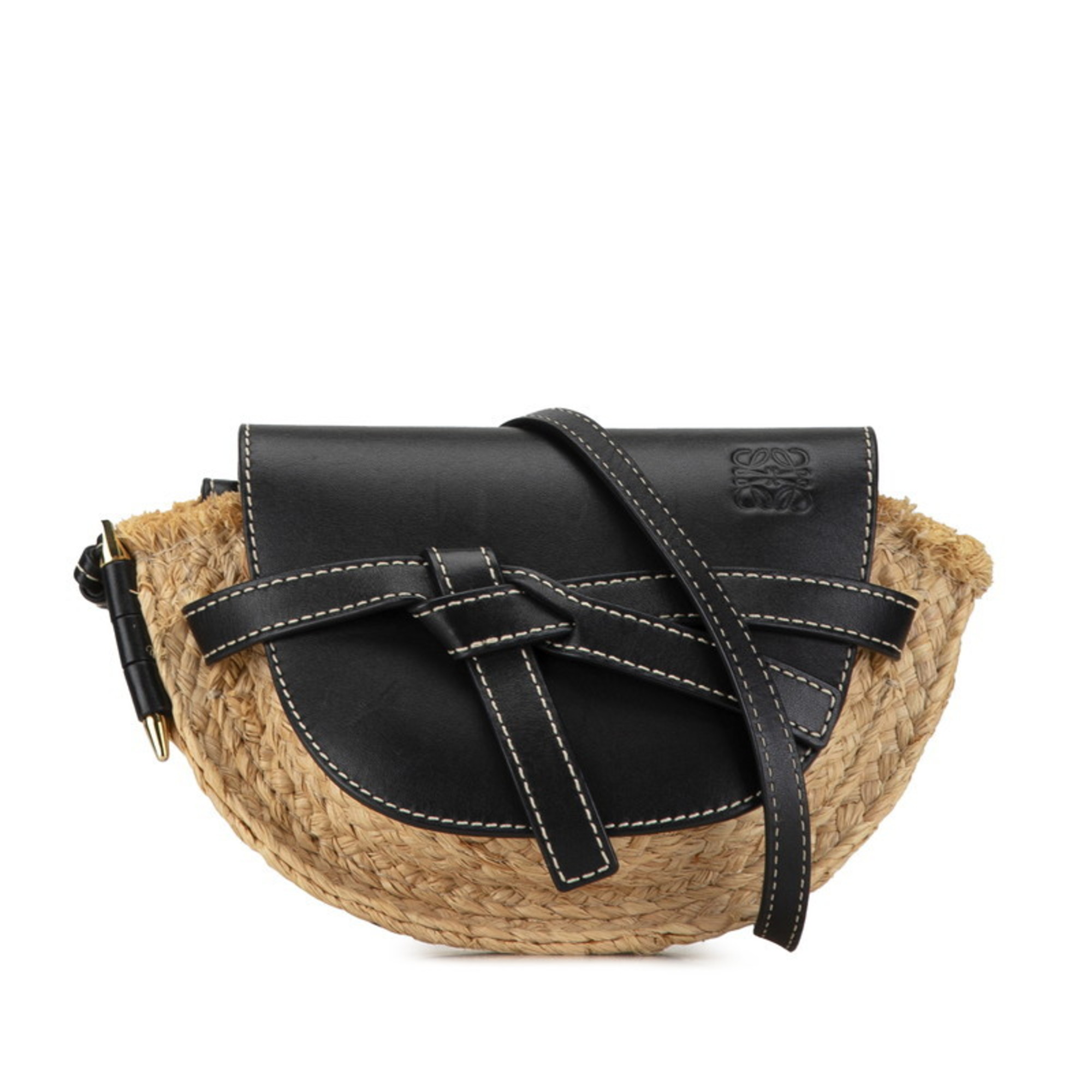 LOEWE GATE Shoulder Bag Black Beige Leather Raffia Women's