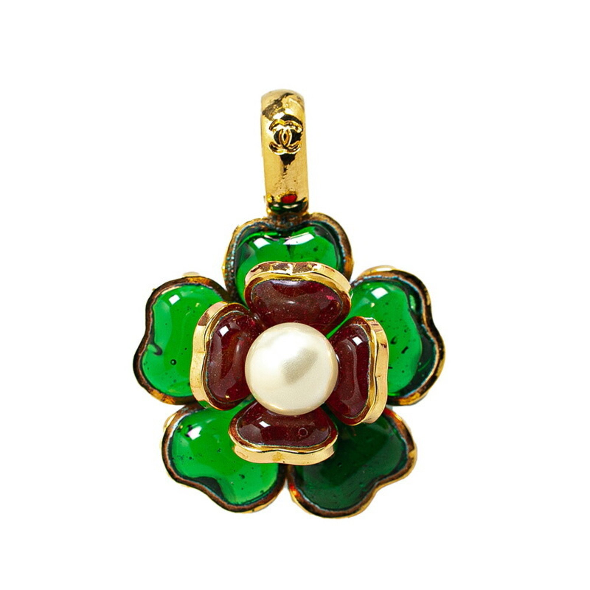 Chanel Camellia Clypore Pendant Gold Green Multicolor Plated Faux Pearl Women's CHANEL