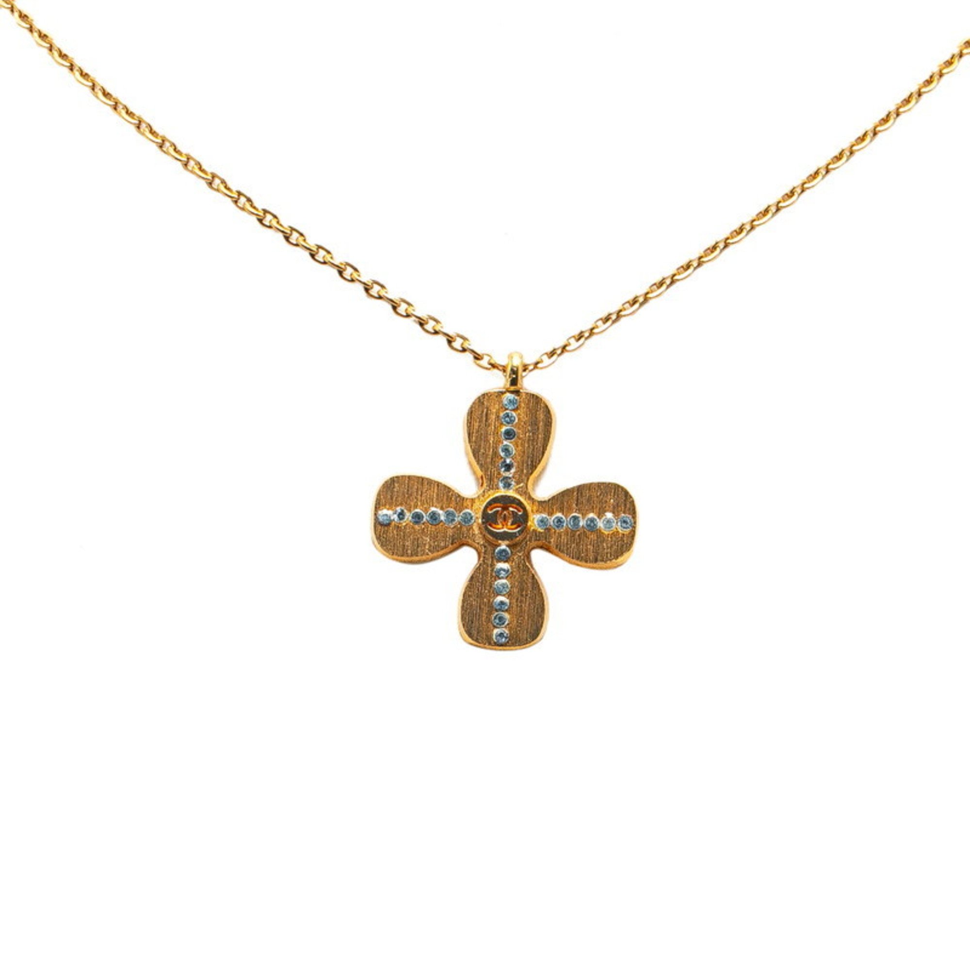 Chanel Clover Motif Rhinestone Coco Mark Necklace Gold Plated Women's CHANEL