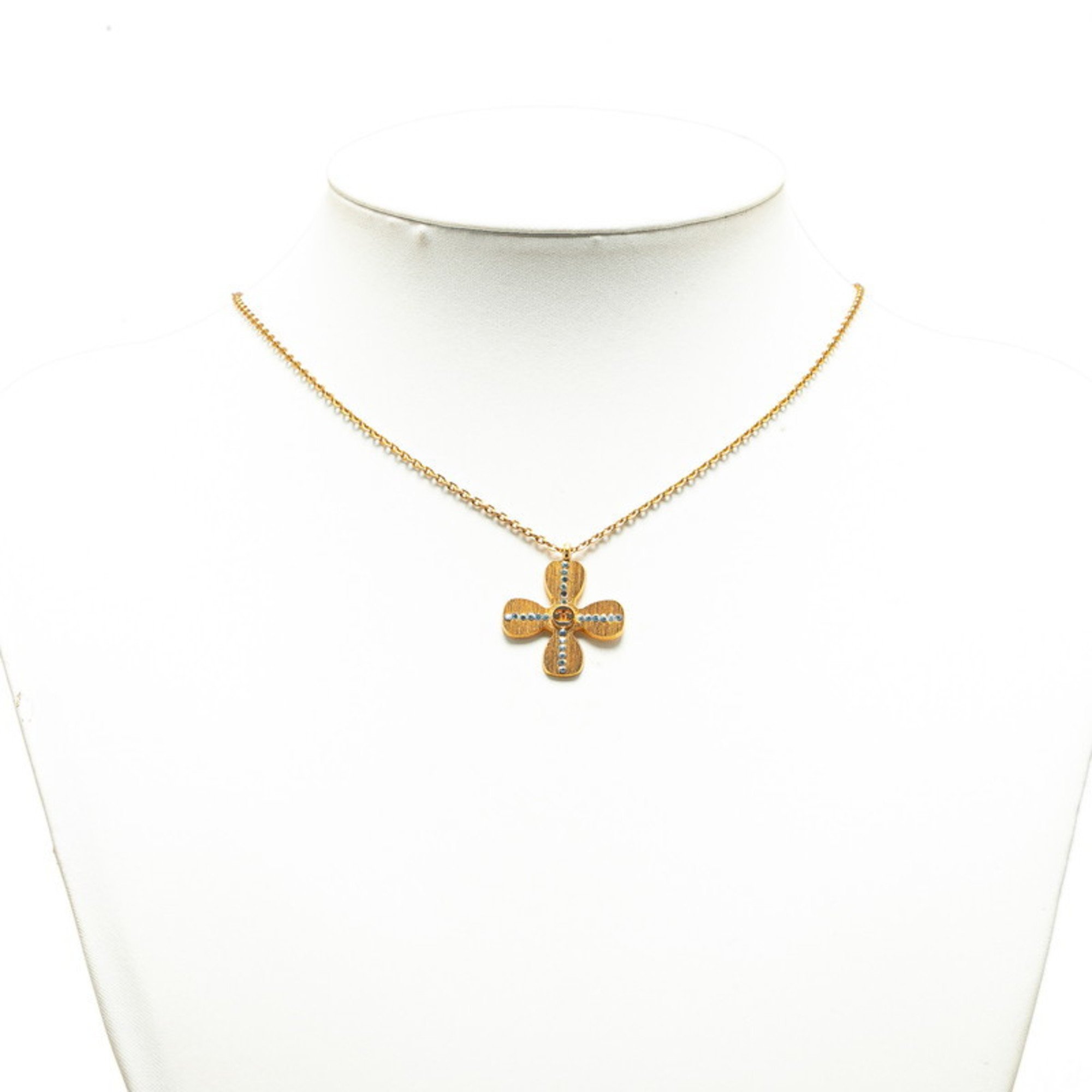 Chanel Clover Motif Rhinestone Coco Mark Necklace Gold Plated Women's CHANEL