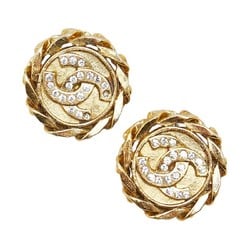 Chanel Coco Mark Round Rhinestone Earrings Gold Plated Women's CHANEL