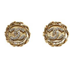 Chanel Coco Mark Round Rhinestone Earrings Gold Plated Women's CHANEL