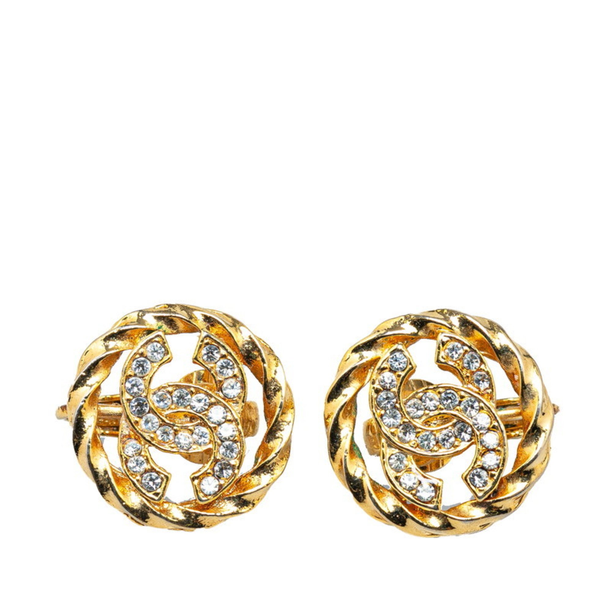 Chanel Coco Mark Rhinestone Earrings Gold Plated Women's CHANEL