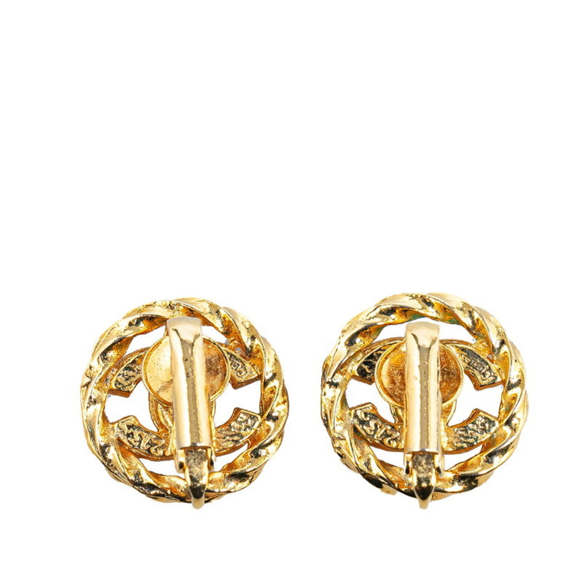 Chanel Coco Mark Rhinestone Earrings Gold Plated Women's CHANEL