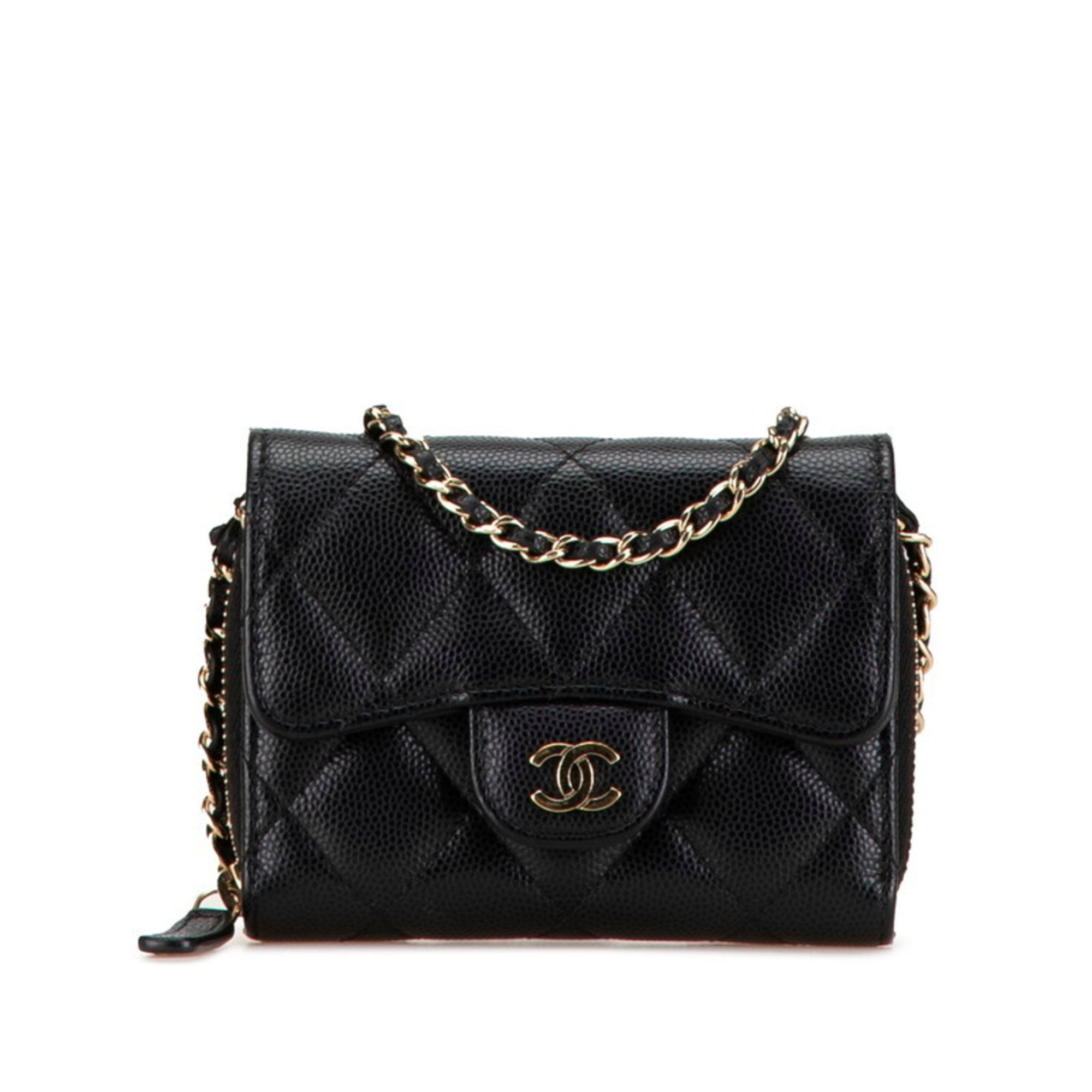 CHANEL Matelasse Coco Mark Chain Wallet A81465 Black Caviar Skin Women's