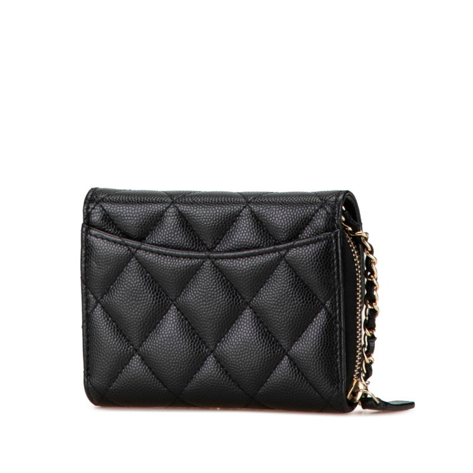 CHANEL Matelasse Coco Mark Chain Wallet A81465 Black Caviar Skin Women's