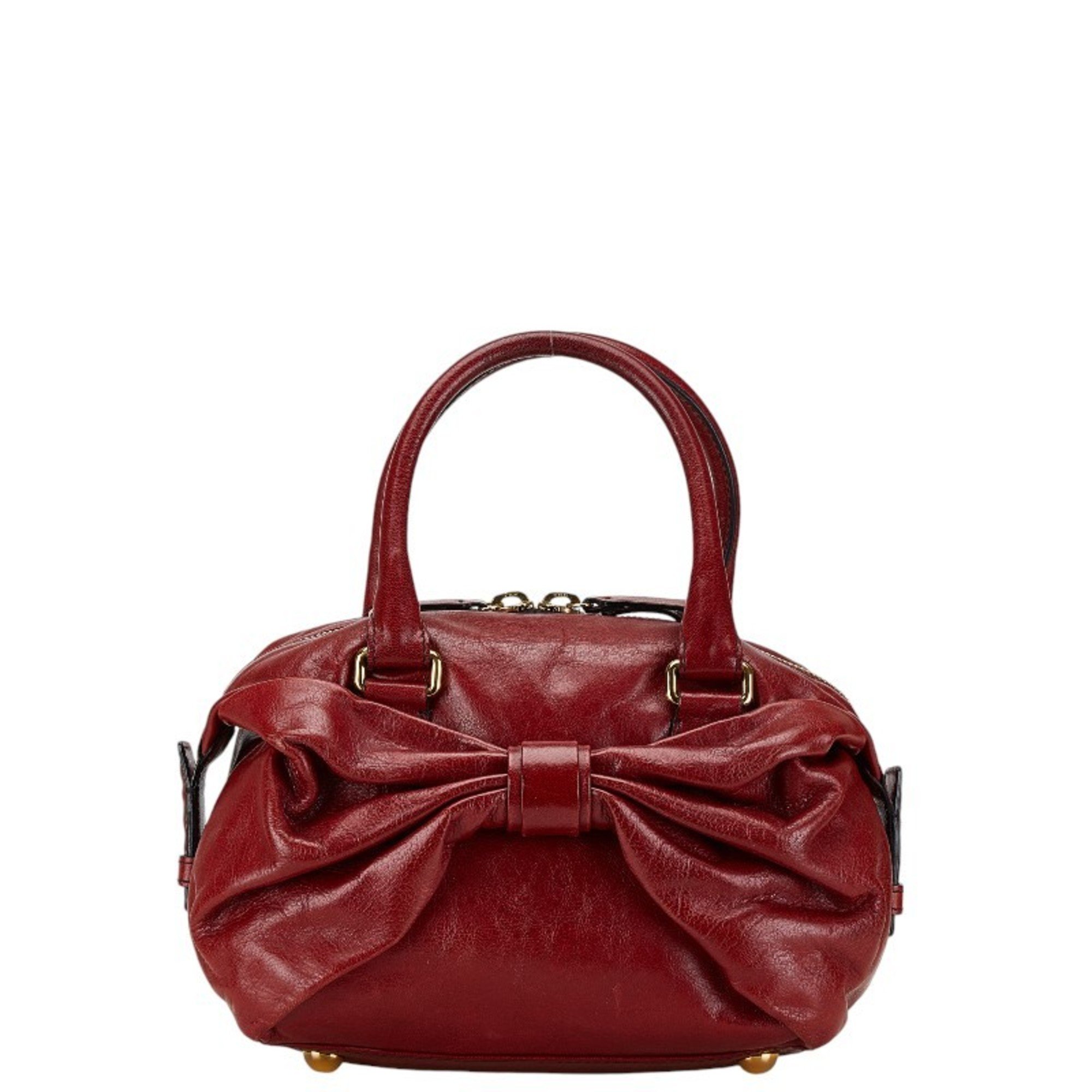 Valentino Bow Handbag Red Leather Women's