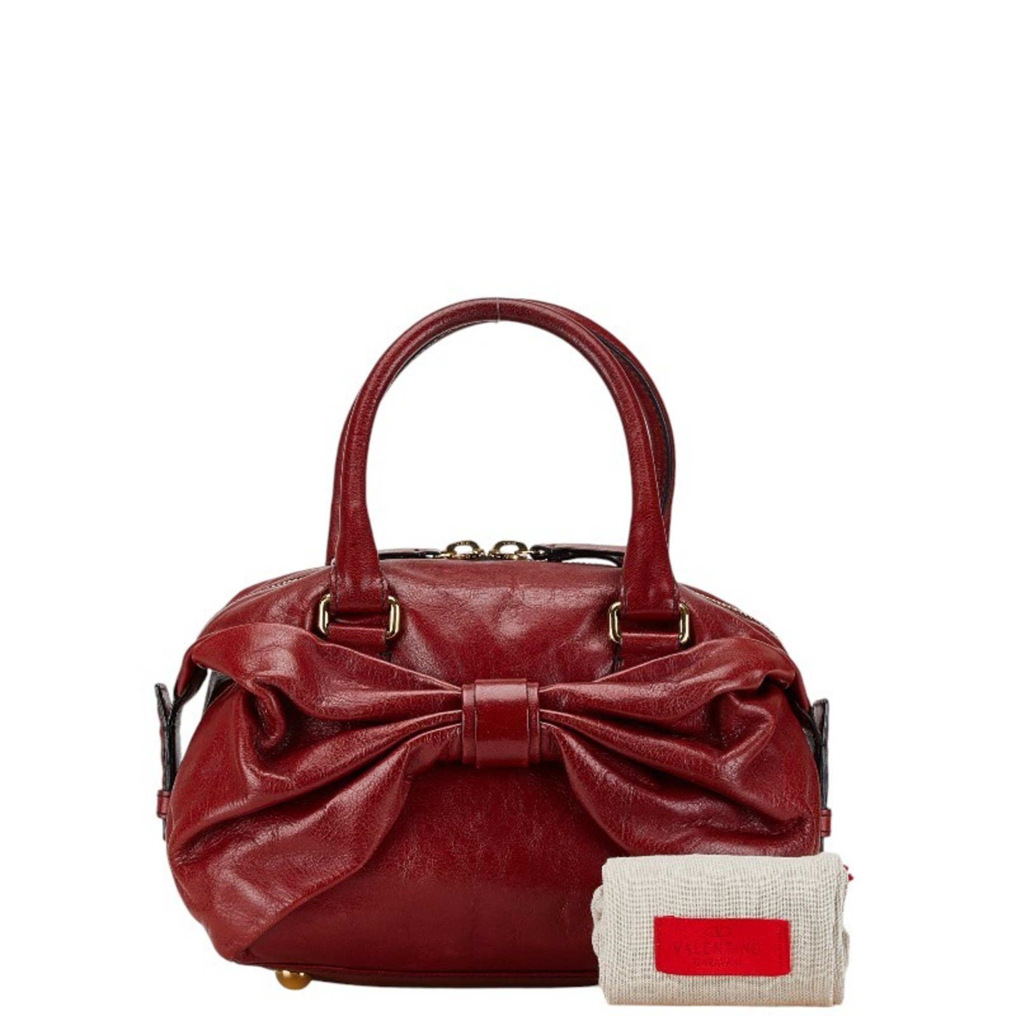 Valentino Bow Handbag Red Leather Women's