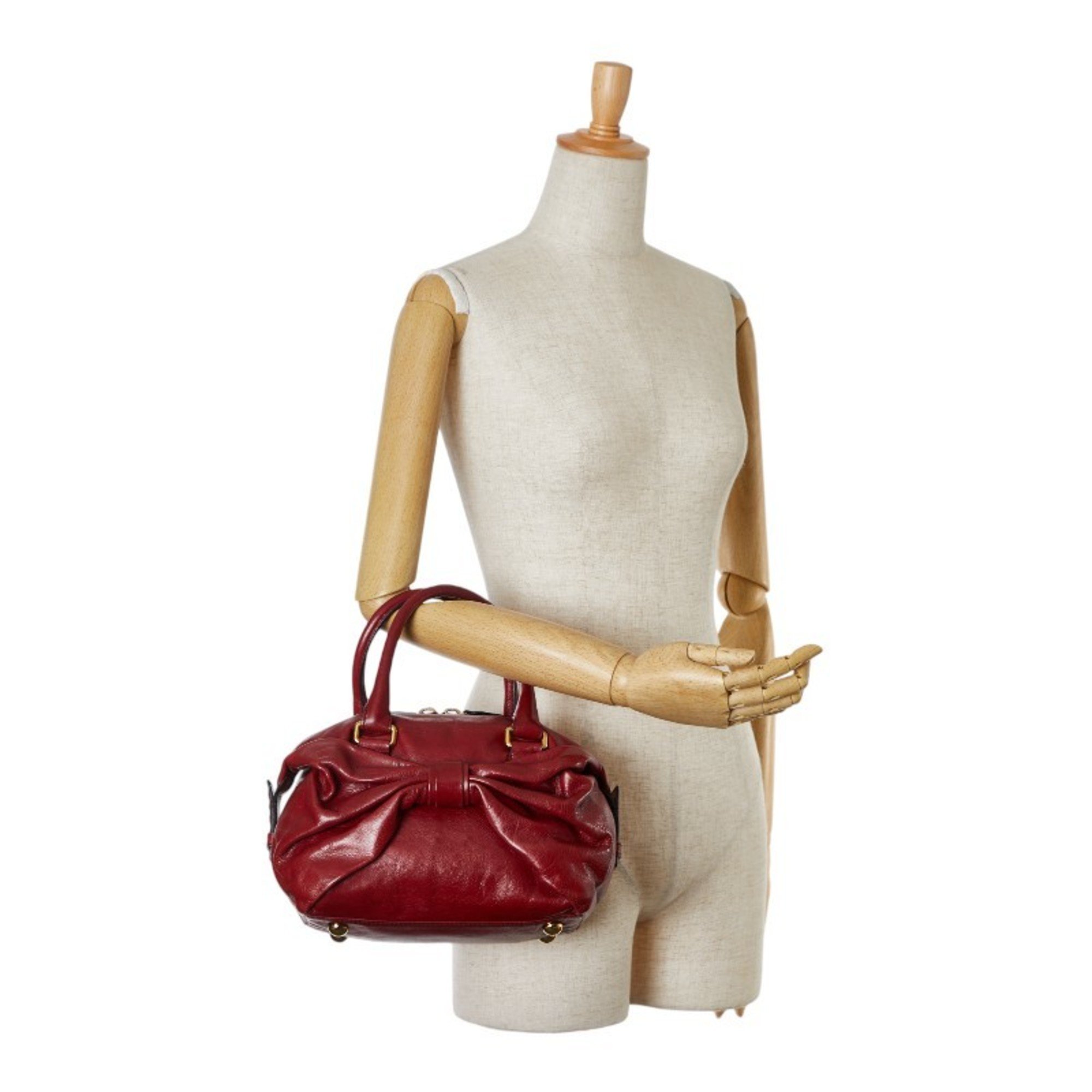 Valentino Bow Handbag Red Leather Women's