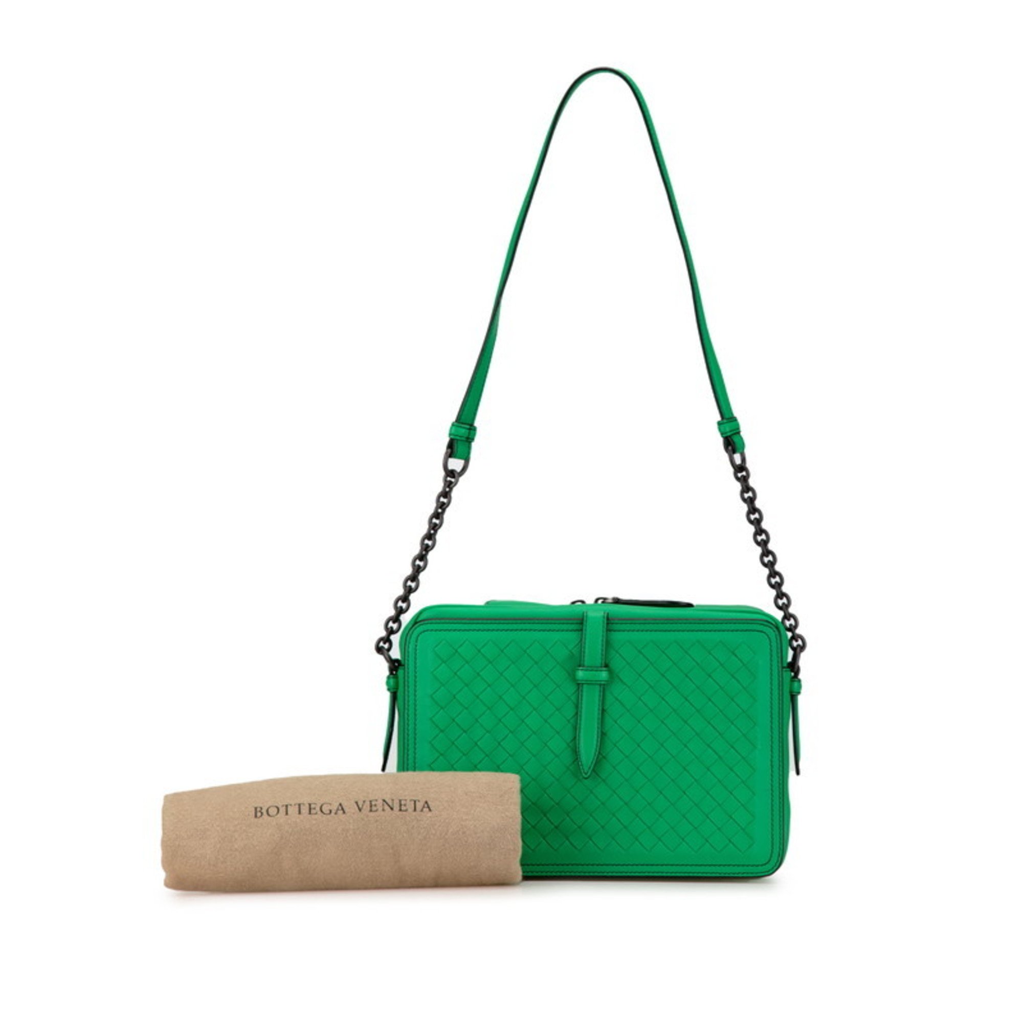 Bottega Veneta Intrecciato Chain Shoulder Bag Green Leather Women's BOTTEGAVENETA