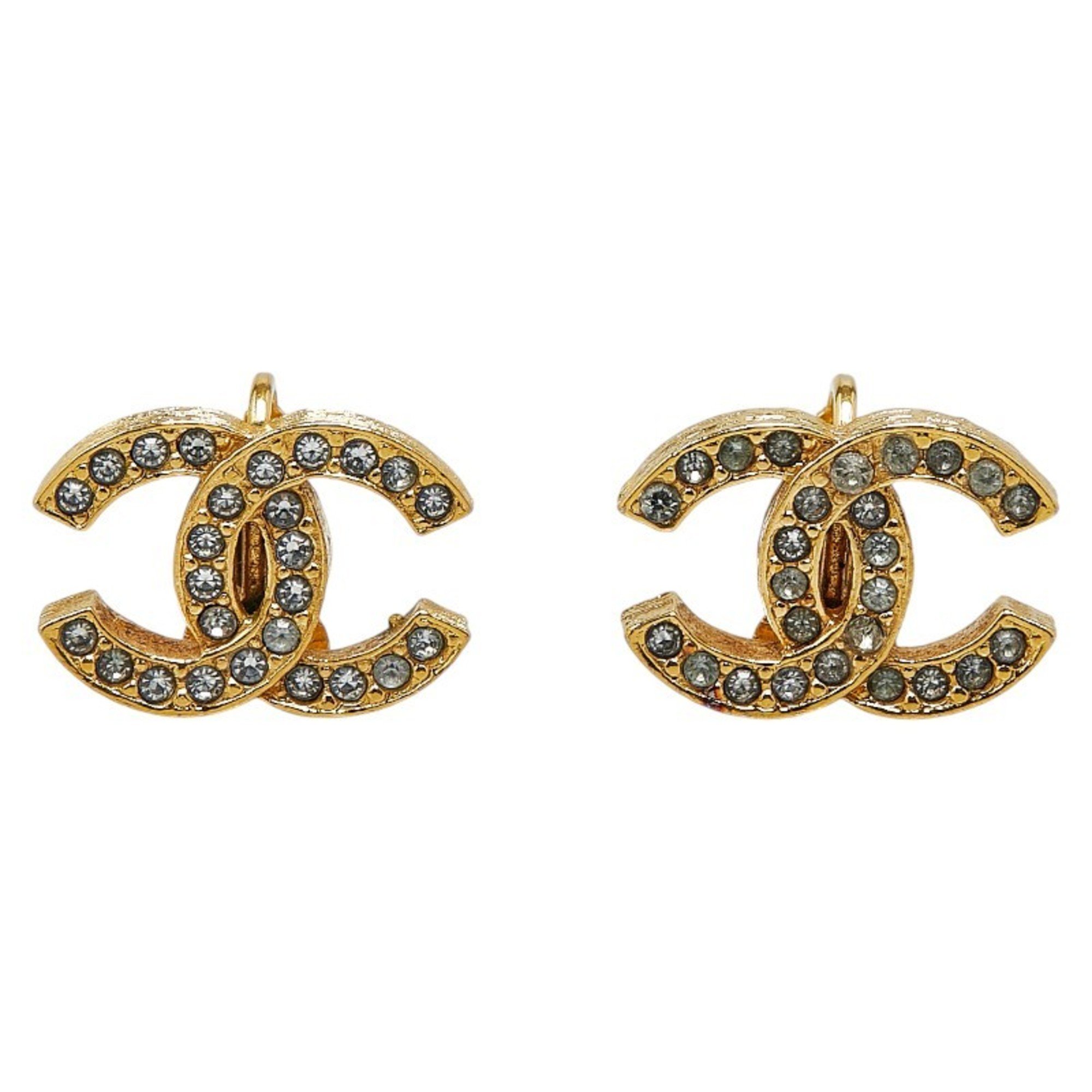 Chanel Coco Mark Rhinestone Earrings Gold Plated Women's CHANEL