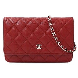 CHANEL Wallet Matelasse Women's Shoulder Chain Caviar Skin Red