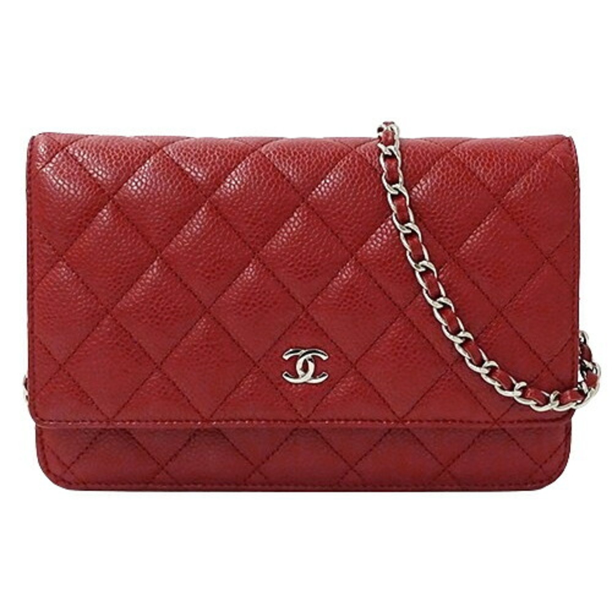 CHANEL Wallet Matelasse Women's Shoulder Chain Caviar Skin Red