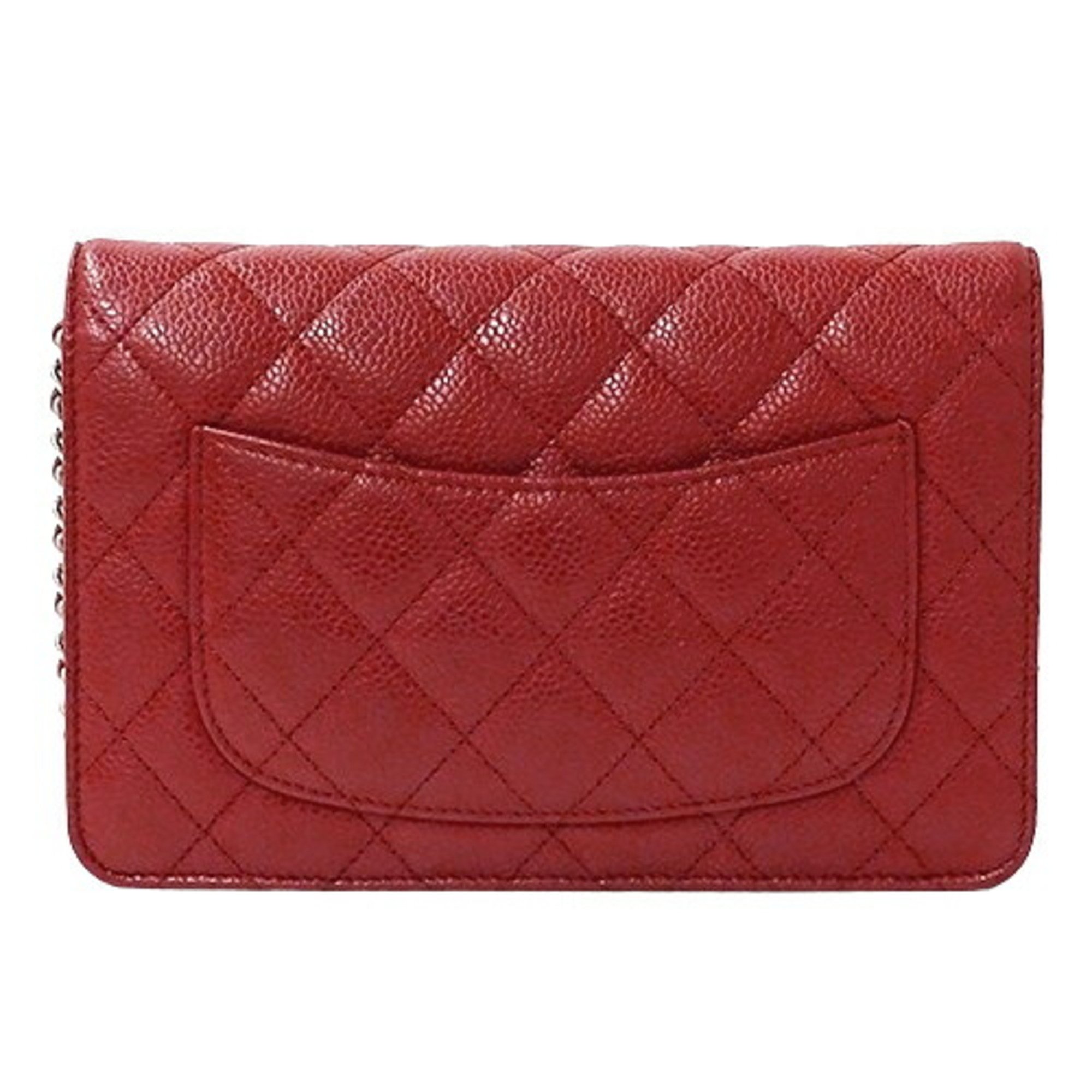 CHANEL Wallet Matelasse Women's Shoulder Chain Caviar Skin Red