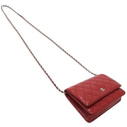 CHANEL Wallet Matelasse Women's Shoulder Chain Caviar Skin Red