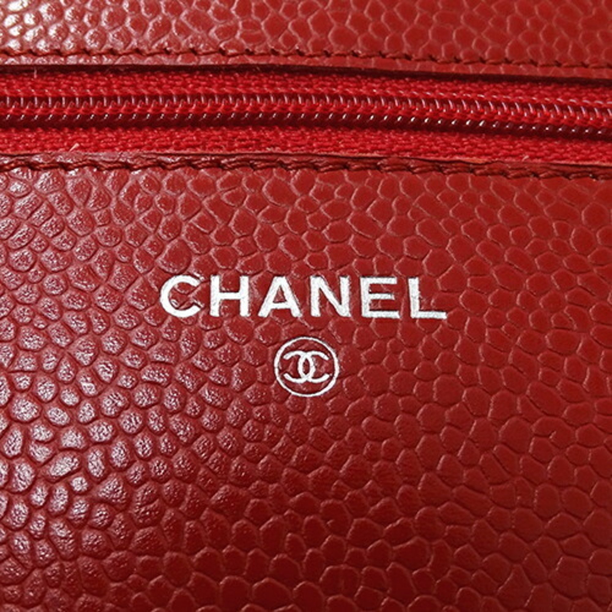 CHANEL Wallet Matelasse Women's Shoulder Chain Caviar Skin Red