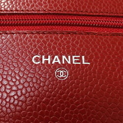 CHANEL Wallet Matelasse Women's Shoulder Chain Caviar Skin Red