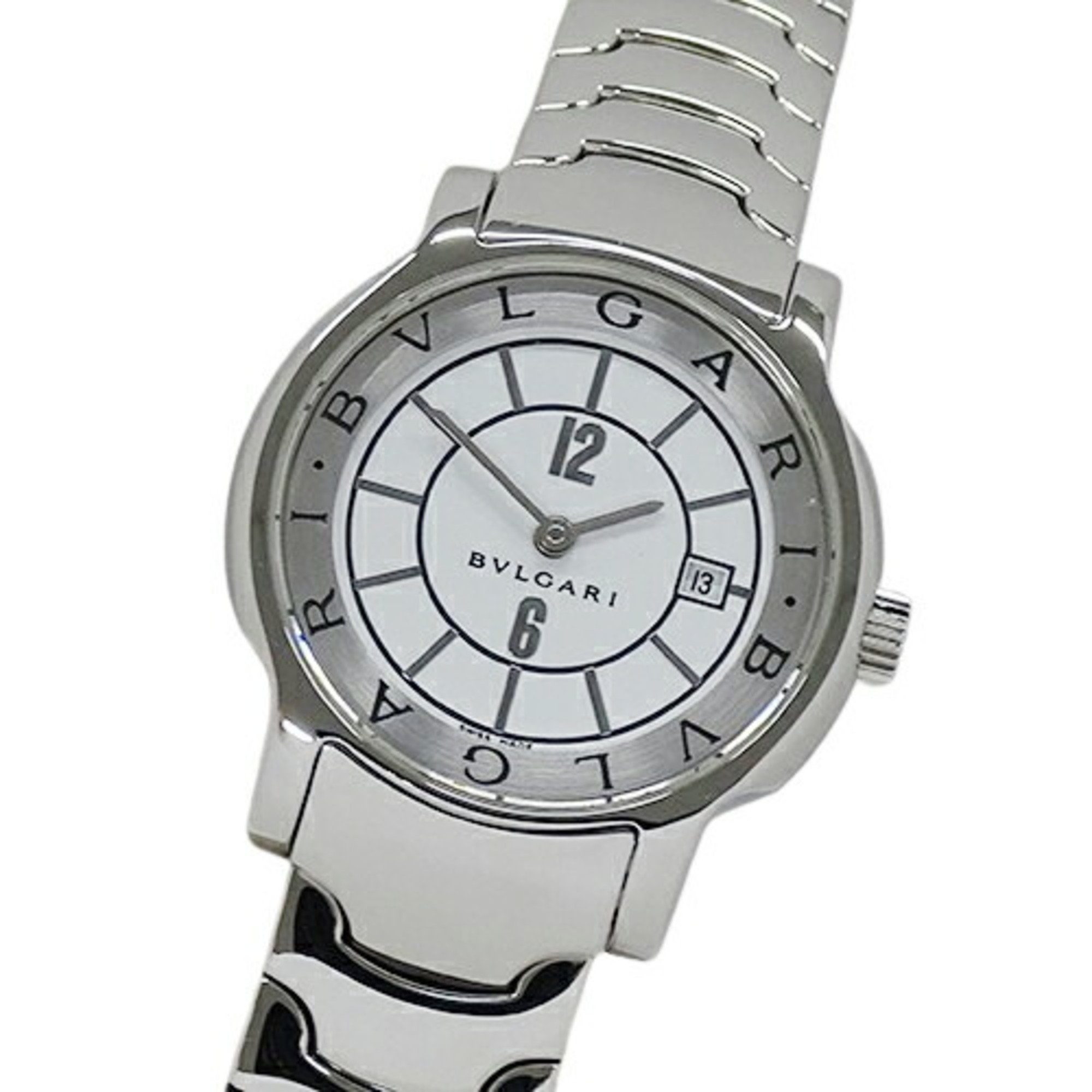 BVLGARI Women's Solotempo Date Quartz Watch Stainless Steel SS ST29S Silver White Polished